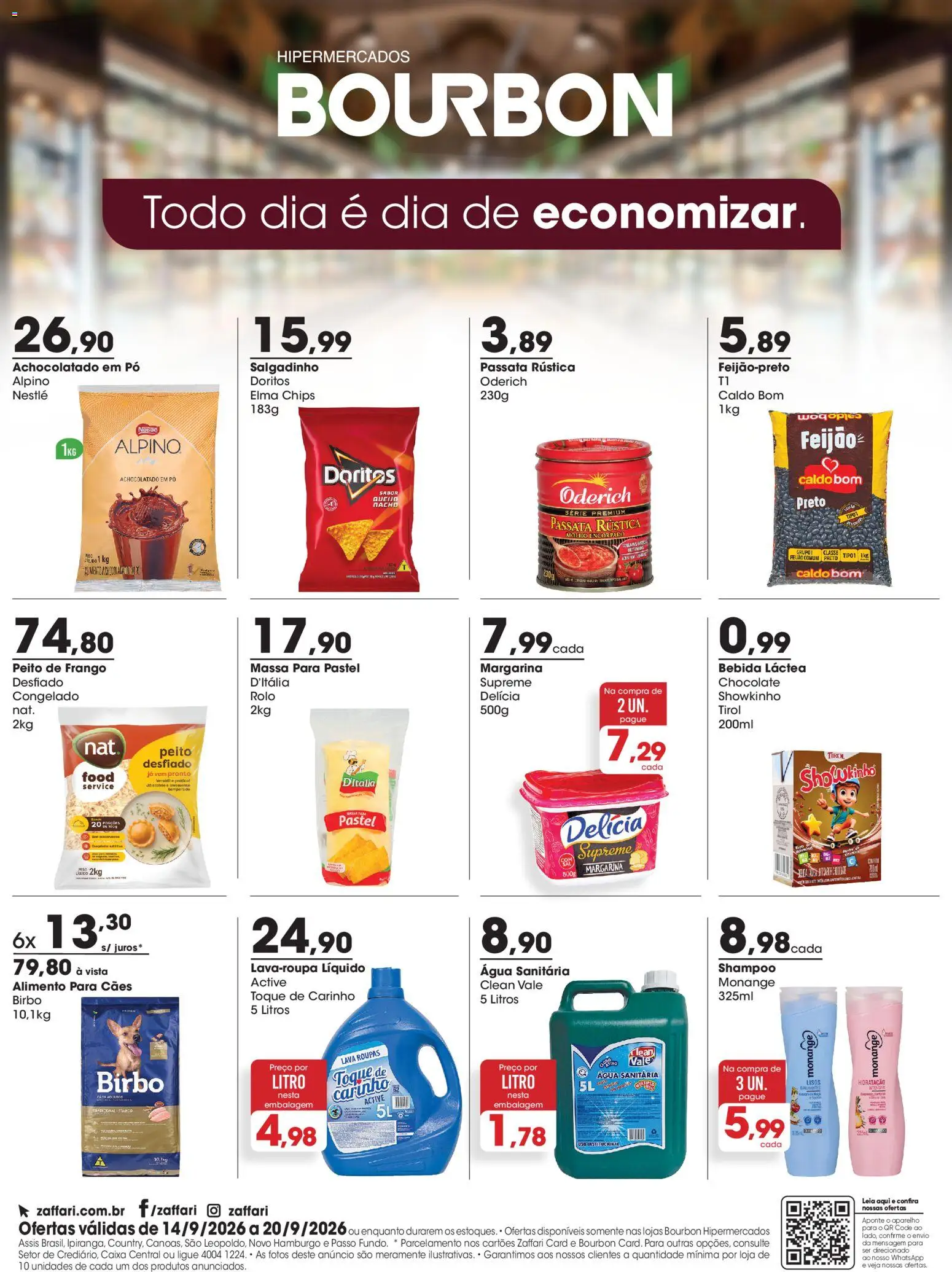 Pré-Visualização do folheto "Zaffari ofertas Bourbon - RS" da loja Zaffari válido a partir de 14/09/2026 - Elma Chips, Massa, Bourbon, Peito de frango, Pó, Água sanitária, Margarina, Achocolatado