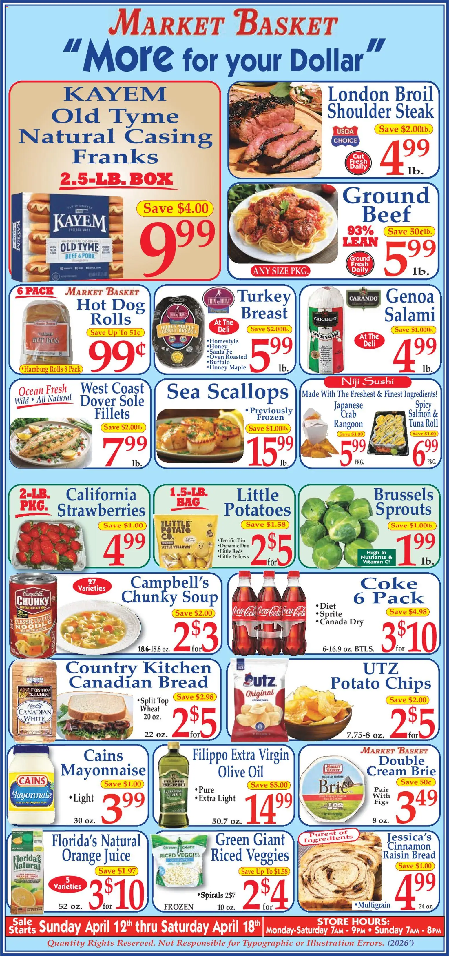 Ad Preview of Market Basket Market Basket Ad from 04/12/2026 - Chips, Strawberries, Olive oil, Sprite, Vitamin, Cream, Salami, Oven