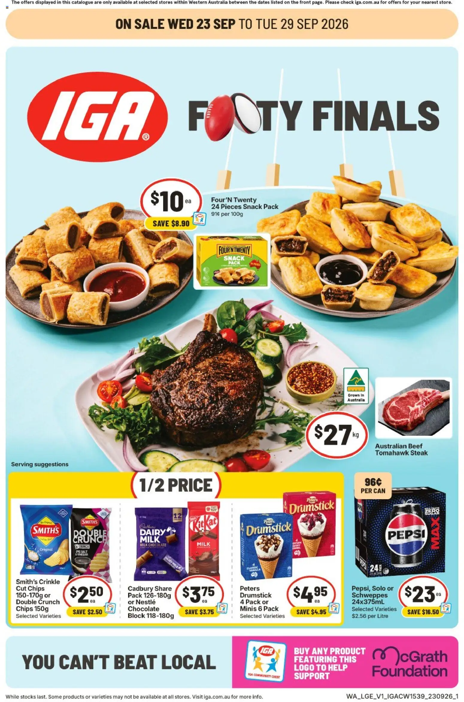 Preview of catalogue IGA catalogue Claremont from shop IGA valid 23/09/2026 - Milk, Chocolate, Beef, Pepsi, Chips, Steak, Salt, Foundation