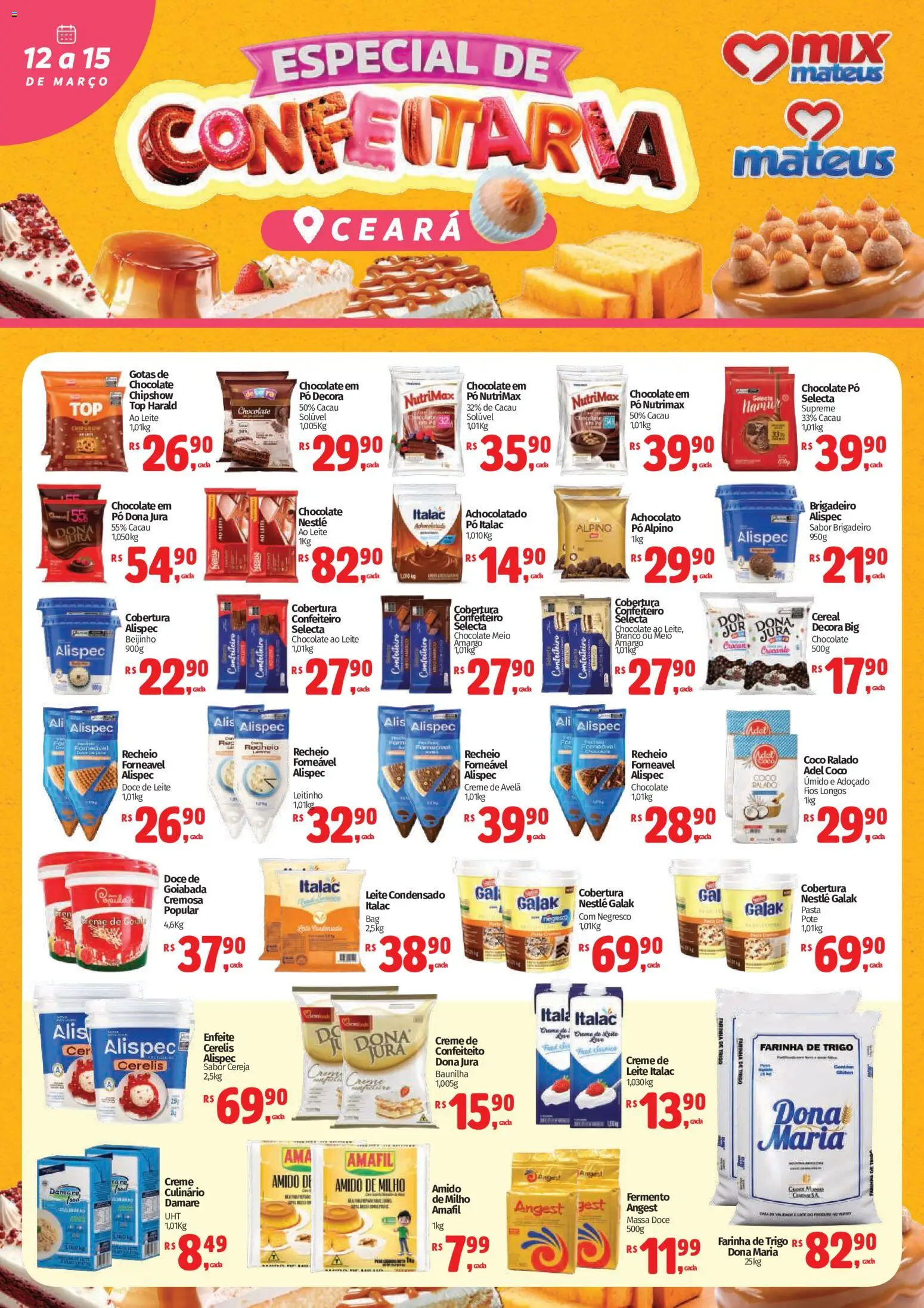 Pré-Visualização do folheto "Mateus ofertas Especial Confeitaria" da loja Mateus válido a partir de 12/03/2026 - Chocolate, Leite, Doce, Massa, Cereja, Baunilha, Amido de milho, Pó