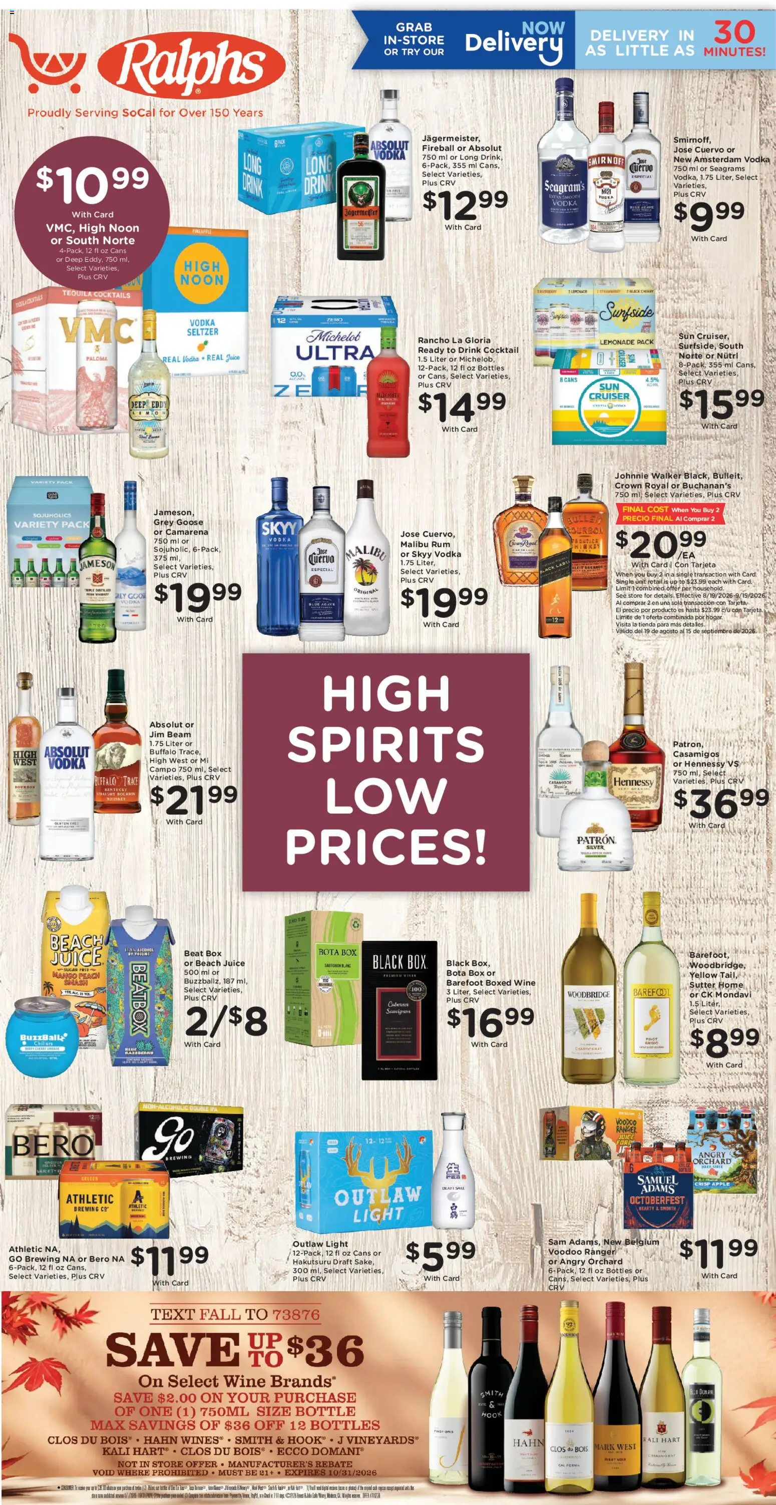 Ad Preview of Ralphs Ralphs Adult Beverage from 09/09/2026 - Mango, Tequila, Wine, Hennessy, Pineapple, Peach, Bourbon, Vodka