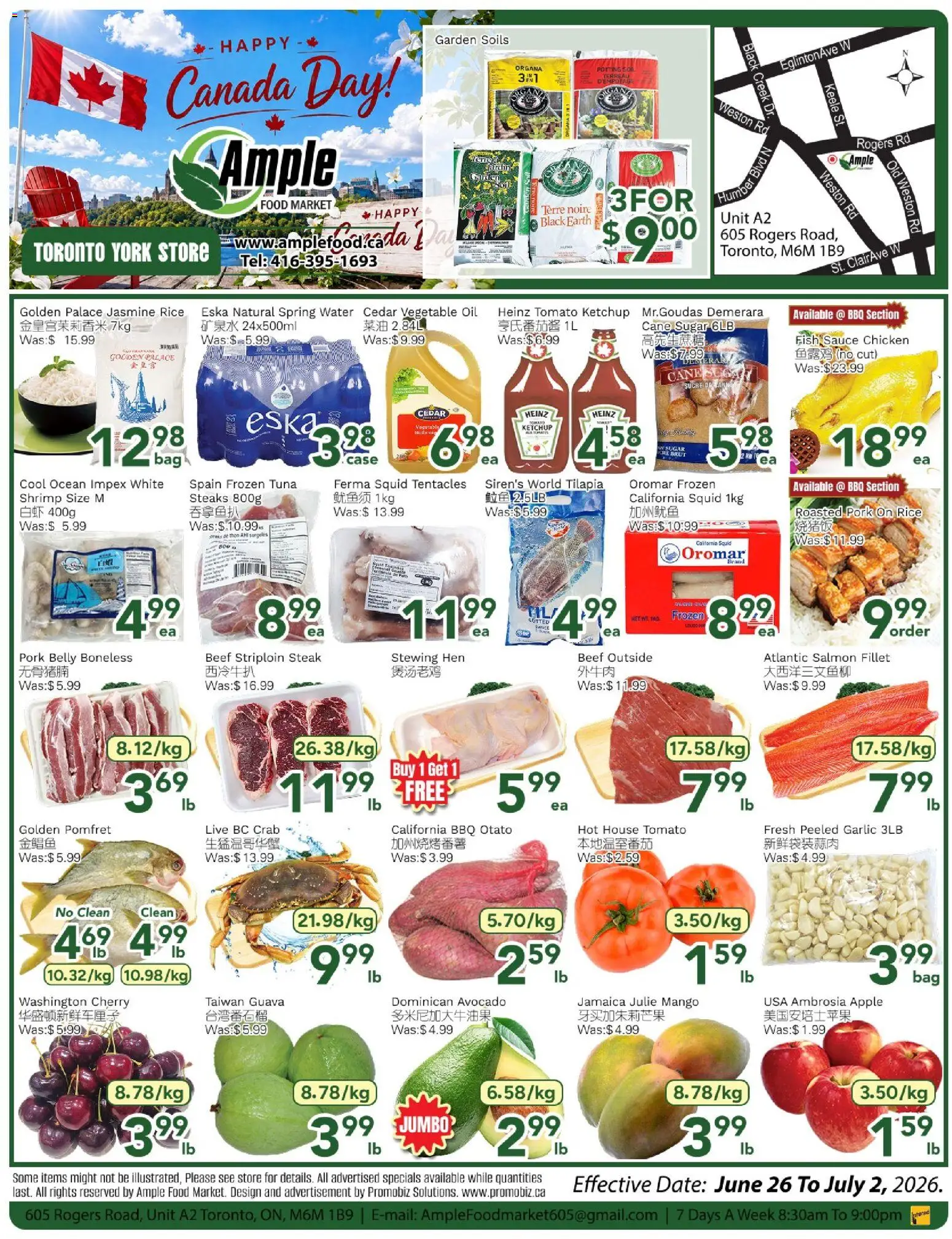 Preview of leaflet Ample Food Market weekly flyer Toronto York from shop Ample Food Market is valid from Jun 26, 2026 - Mango, Salmon, Avocado, Beef, Pork belly, Ketchup, Vegetable oil, Cane sugar