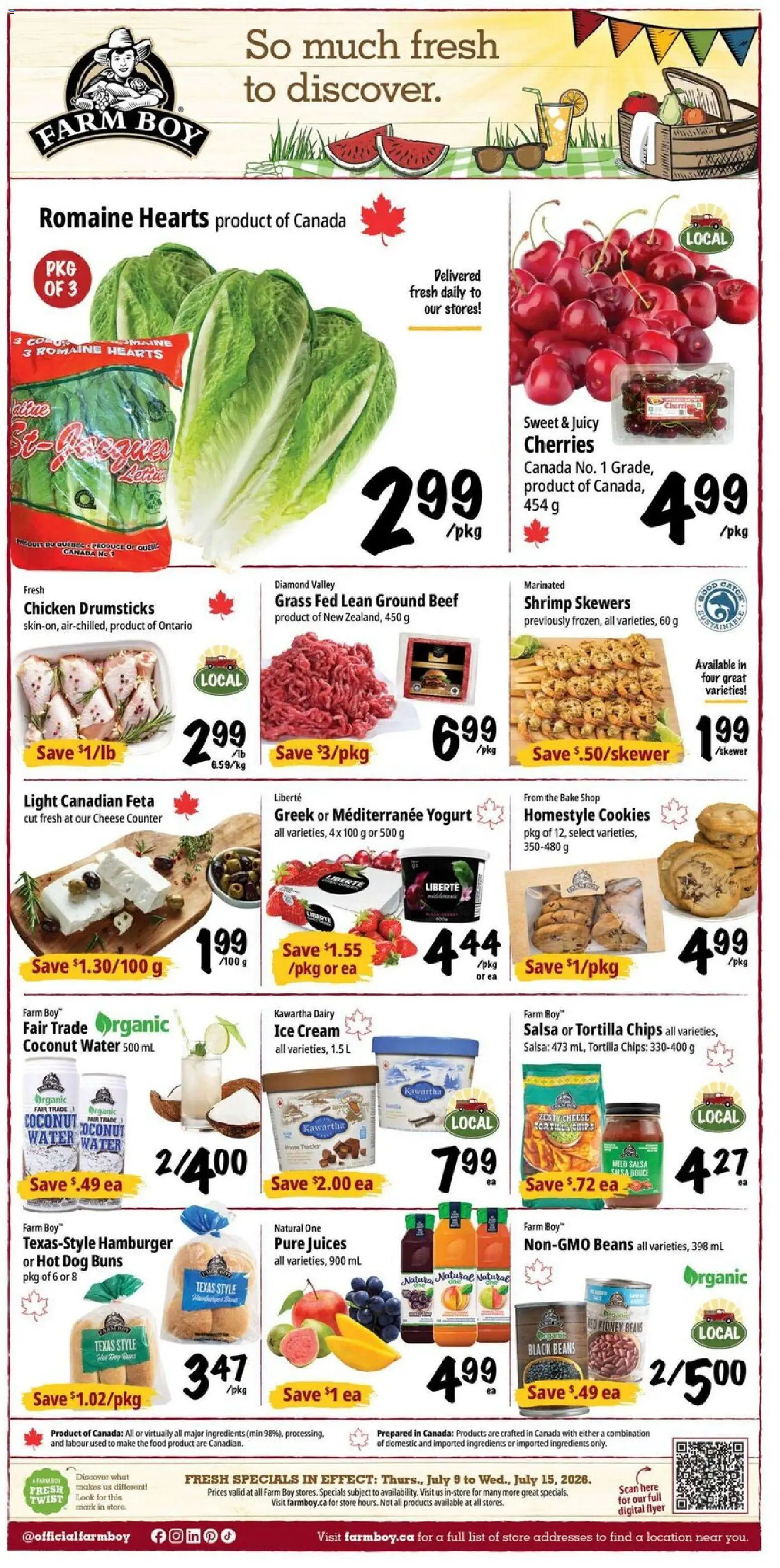 Preview of leaflet Farm Boy weekly flyer / circulaire from shop Farm Boy is valid from Jul 09, 2026 - Food, Chicken, Cookies, Hamburger, Beans, Ground beef, Drumsticks, Chicken drumsticks