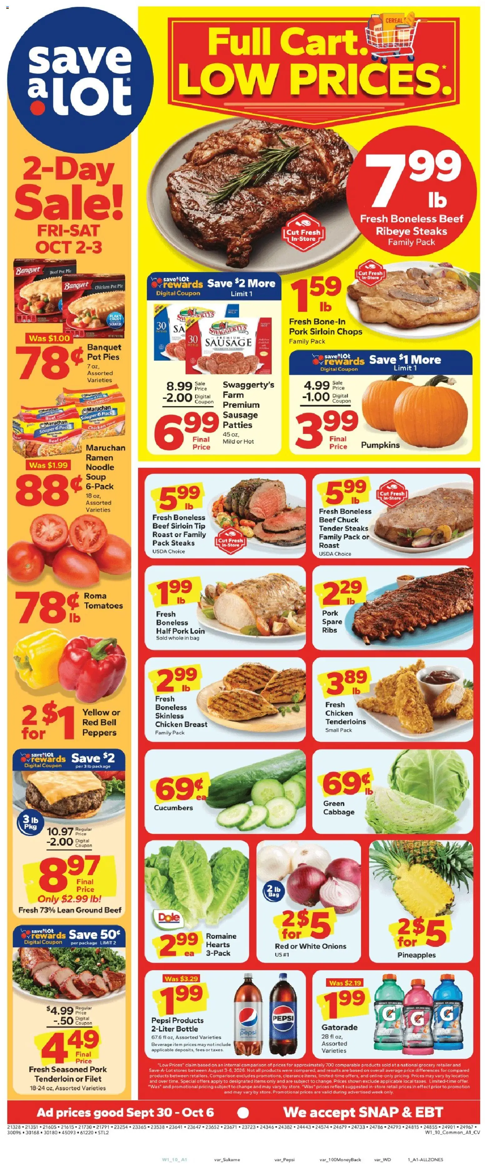 Ad Preview of Save a Lot Save a Lot Weekly Ad from 09/30/2026 - Tomatoes, Pepsi, Peppers, Sausage, Beef, Cabbage, Pork, Romaine