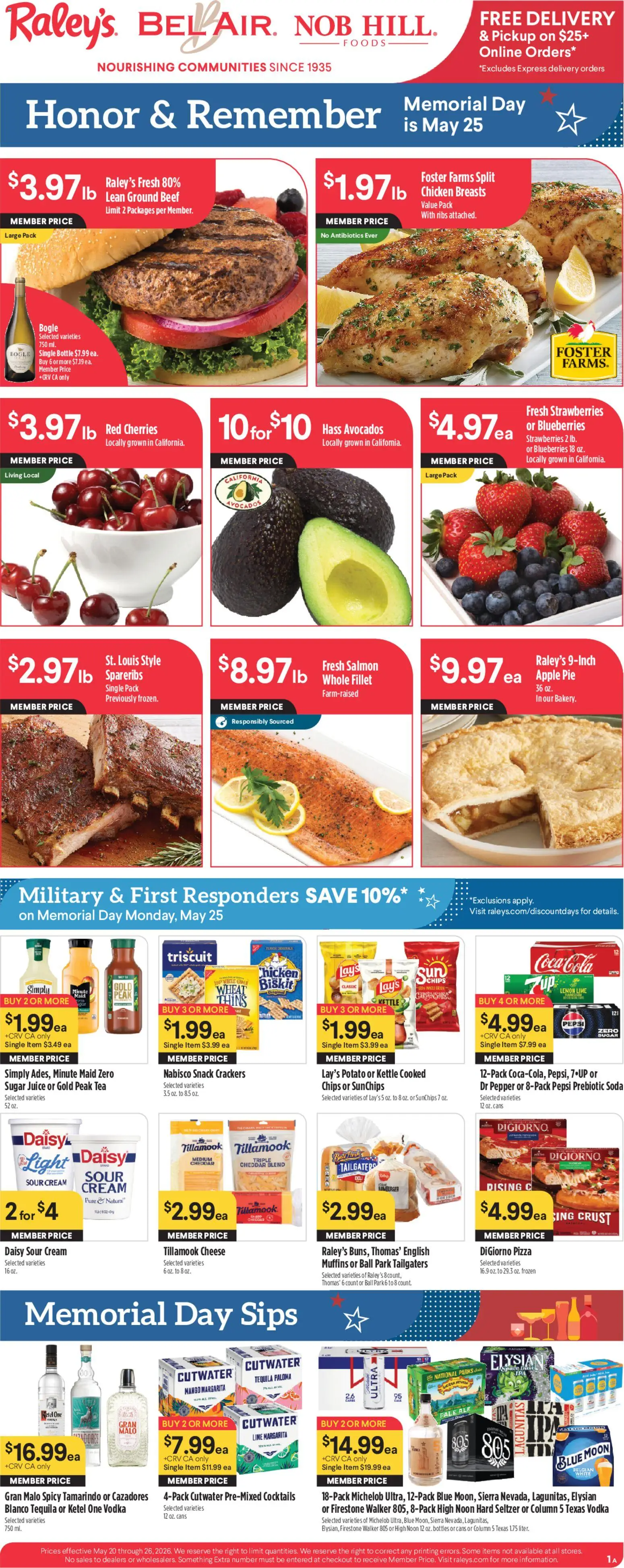 Ad Preview of Raley's Raley's Weekly Ad from 05/20/2026 - Strawberries, Cherries, Juice, Vodka, Pepper, Lime, Chicken breasts, Sour cream