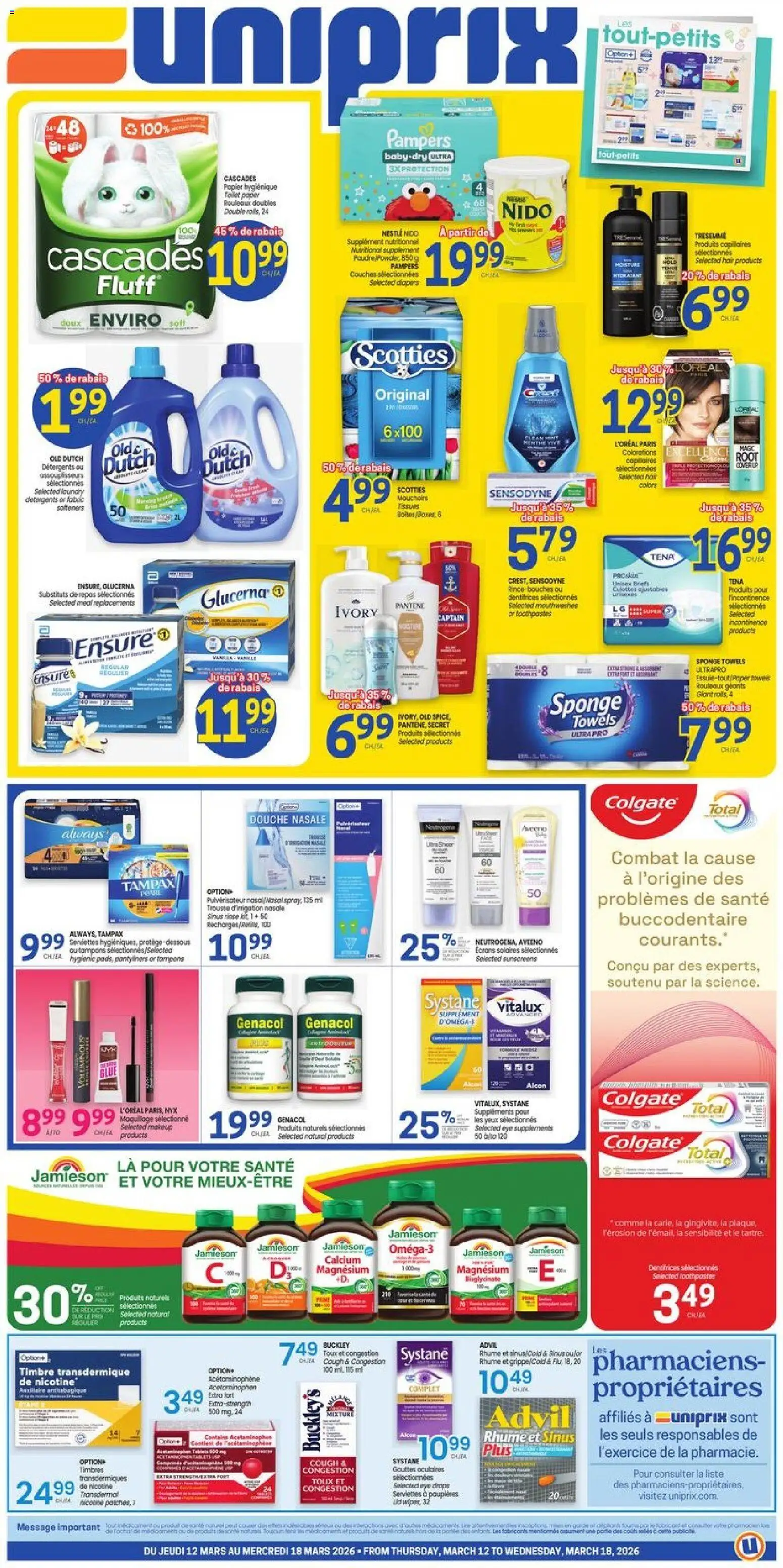 Preview of leaflet Uniprix weekly flyer / circulaire from shop Uniprix is valid from Mar 12, 2026 - Tampons, Toilet paper, Diapers, Eye drops, Paper towels, Towels, Sponge