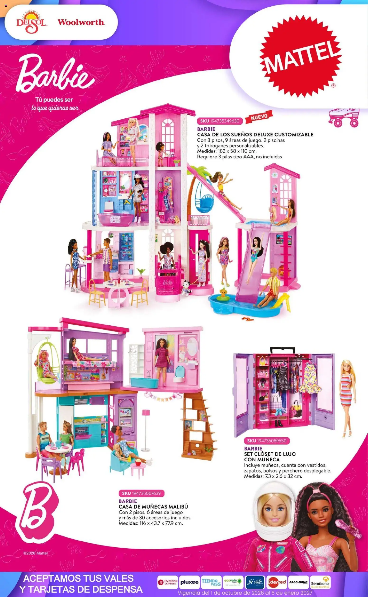 Vista previa las ofertas de la tienda Del Sol y Woolworth - Del Sol y Woolworth catálogo El Castillo del Juguete desde el 01/10/2026 - Juego, Clóset, Perchero, Casa de muñecas, Pilas, Despensa, Malibú