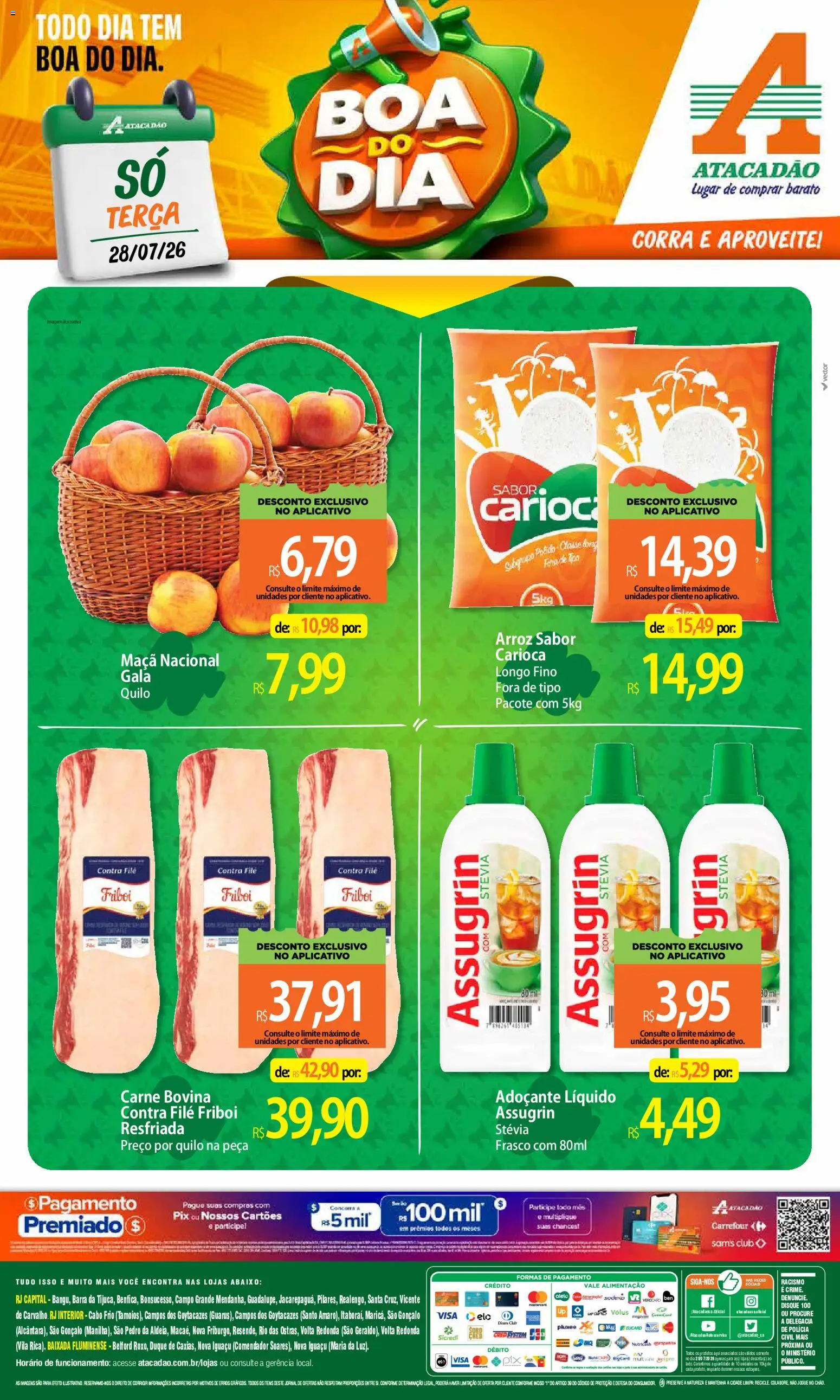 Pré-Visualização do folheto "Atacadão ofertas - RJ" da loja Atacadão válido a partir de 28/07/2026 - Arroz, Carne, Stevia, Adoçante, Carne bovina, Cabo, Contra filé