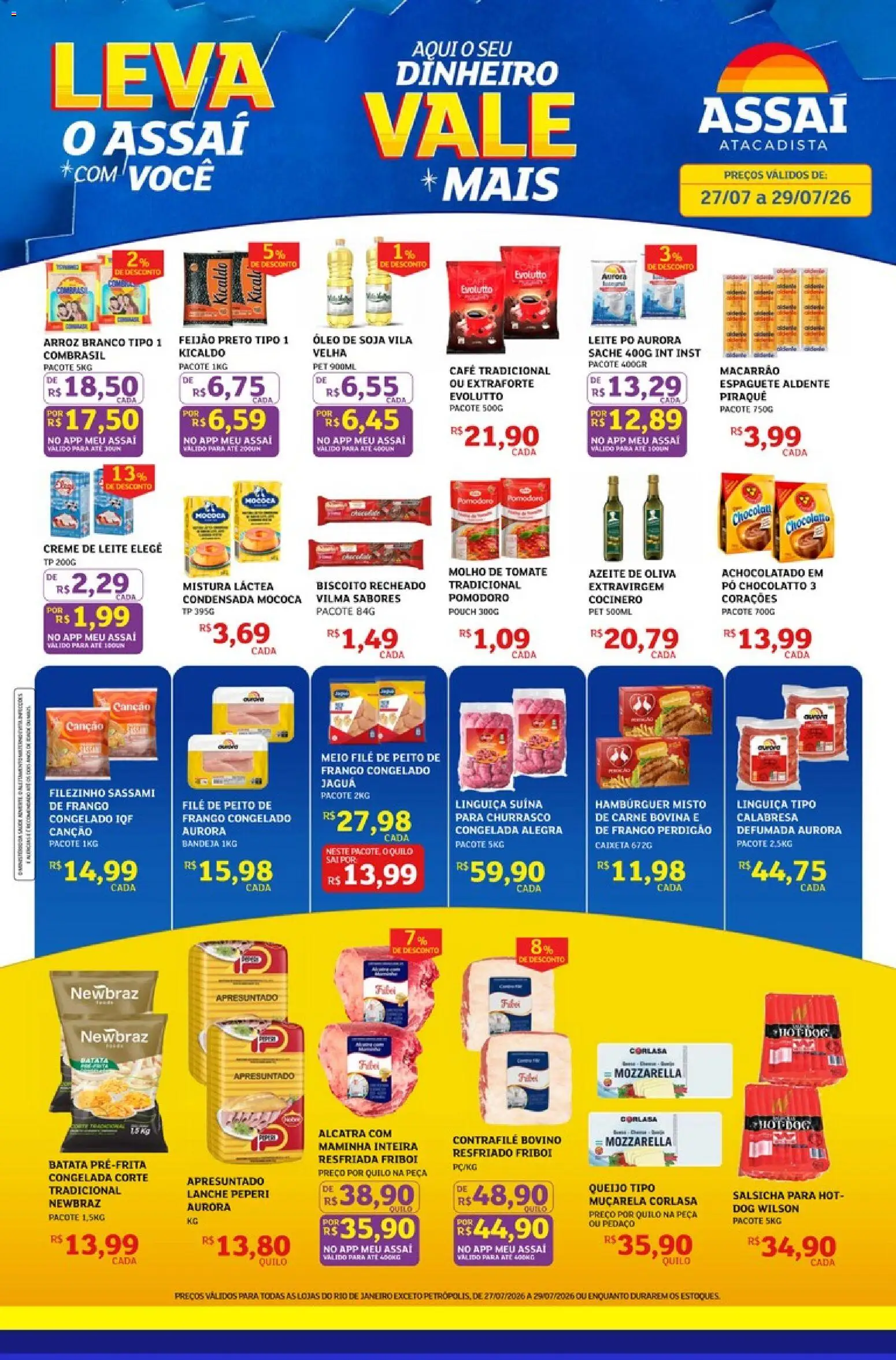Pré-Visualização do folheto "Assaí Atacadista ofertas - RJ" da loja Assaí Atacadista válido a partir de 27/07/2026 - Hambúrguer, Arroz, Leite, Carne, Tomate, Molho de tomate, Achocolatado, Muçarela