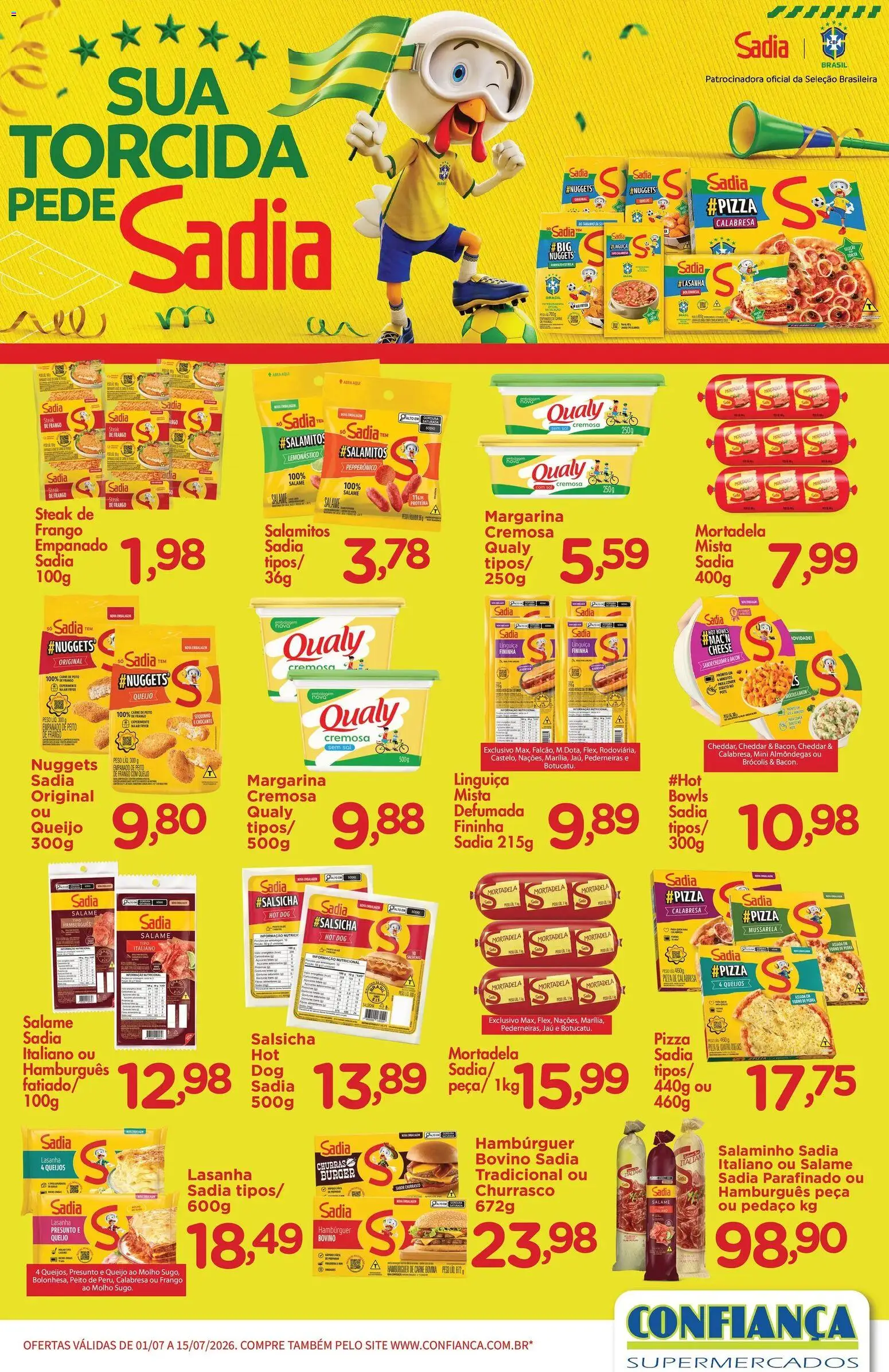 Pré-Visualização do folheto "Confiança ofertas BRF" da loja Confiança válido a partir de 01/07/2026 - Hambúrguer, Lasanha, Frango, Mussarela, Proteína, Cheddar, Mortadela, Margarina