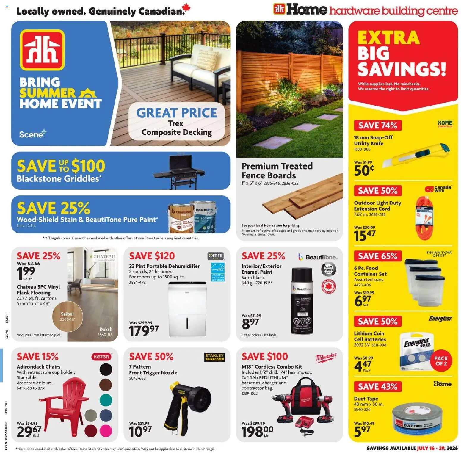 Preview of leaflet Home Hardware weekly flyer / circulaire from shop Home Hardware is valid from Jul 16, 2026 - Food, Batteries, Chairs