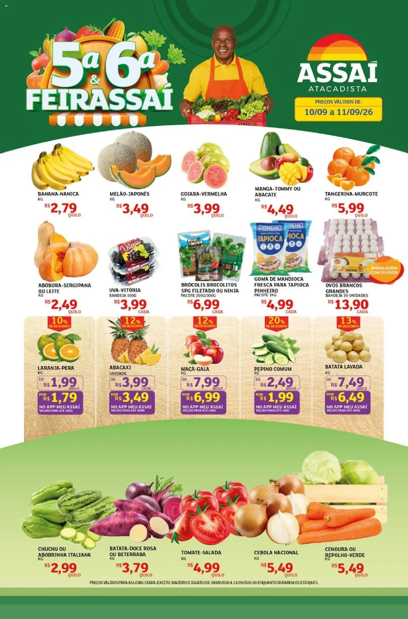 Pré-Visualização do folheto "Assaí Atacadista ofertas - CE" da loja Assaí Atacadista válido a partir de 10/09/2026 - Tapioca, Ovos, Brócolis, Leite, Batata, Abacate, Cenoura, Cebola