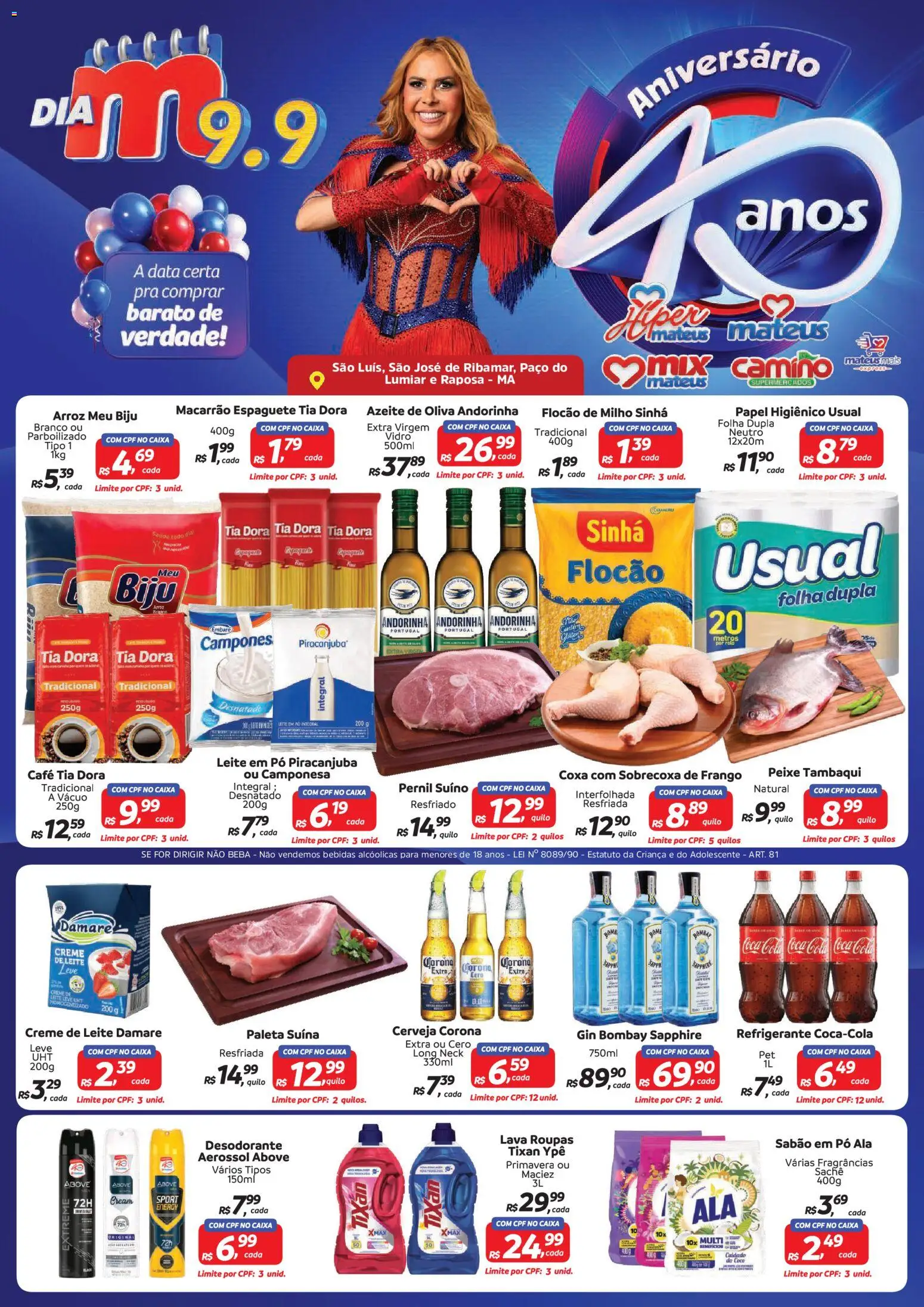 Pré-Visualização do folheto "Mateus ofertas Dia M" da loja Mateus válido a partir de 09/09/2026 - Bebidas, Creme, Leite em pó, Sabão em pó, Cola, Cerveja Corona, Sobrecoxa de frango, Bombay Sapphire