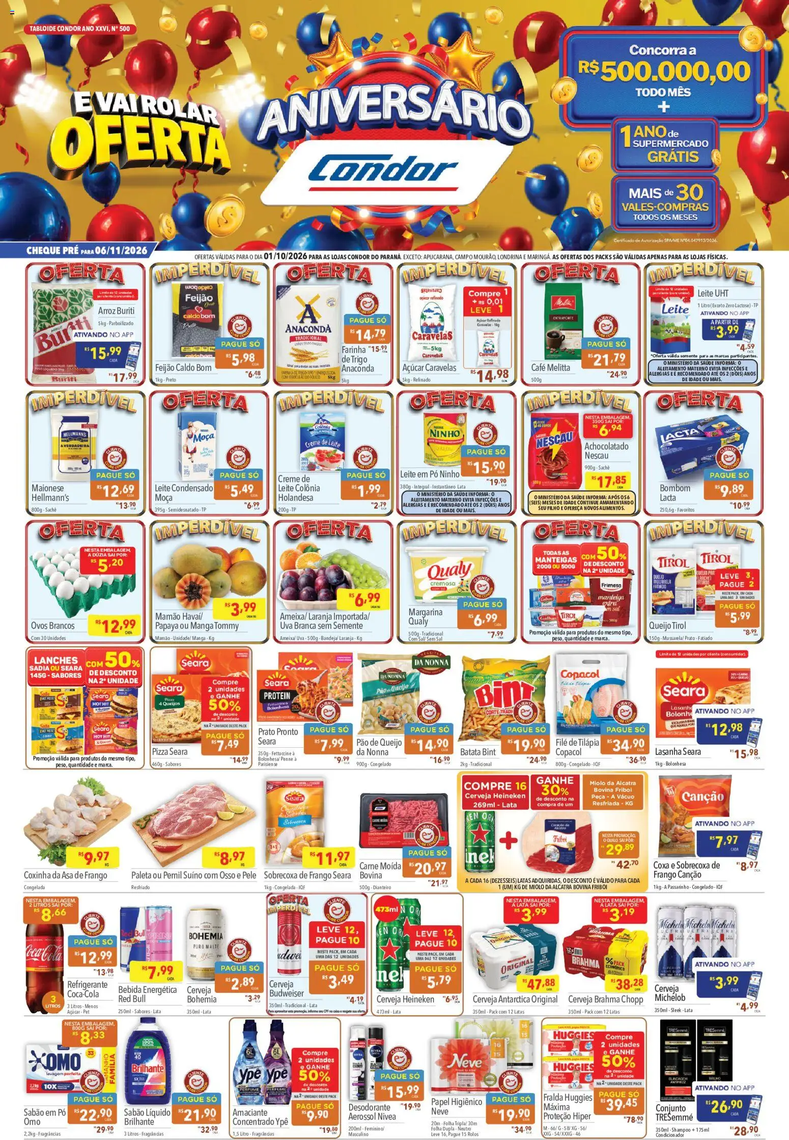 Pré-Visualização do folheto "Supermercados Condor ofertas Aniversário" da loja Supermercados Condor válido a partir de 01/10/2026 - Perfume, Pão, Carne, Maionese, Nescau, Filé de tilápia, Margarina, Bebida energética