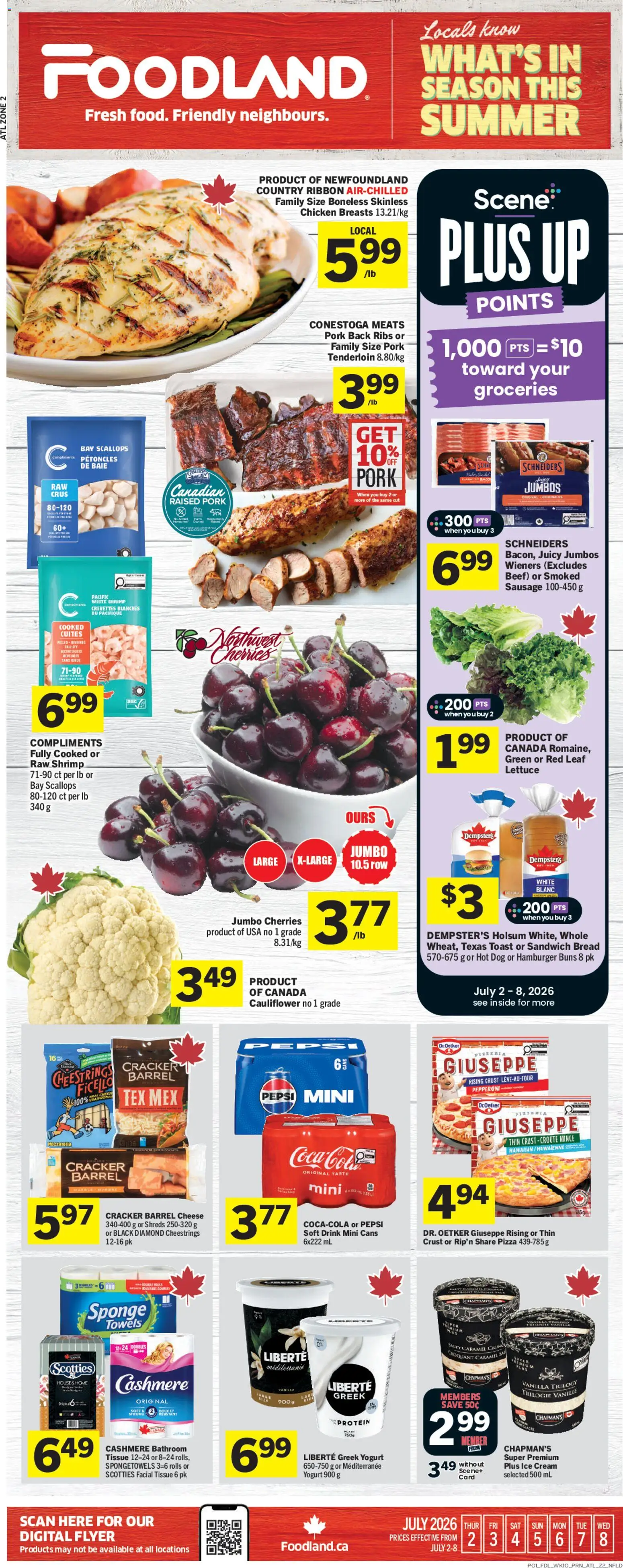 Un aperçu du dépliant Foodland weekly flyer / circulaire du magasin Foodland est valide à partir Jul 02, 2026 - Ice cream, Hamburger, Protein, Toast, Greek yogurt, Sausage, Chicken breasts, Mozzarella