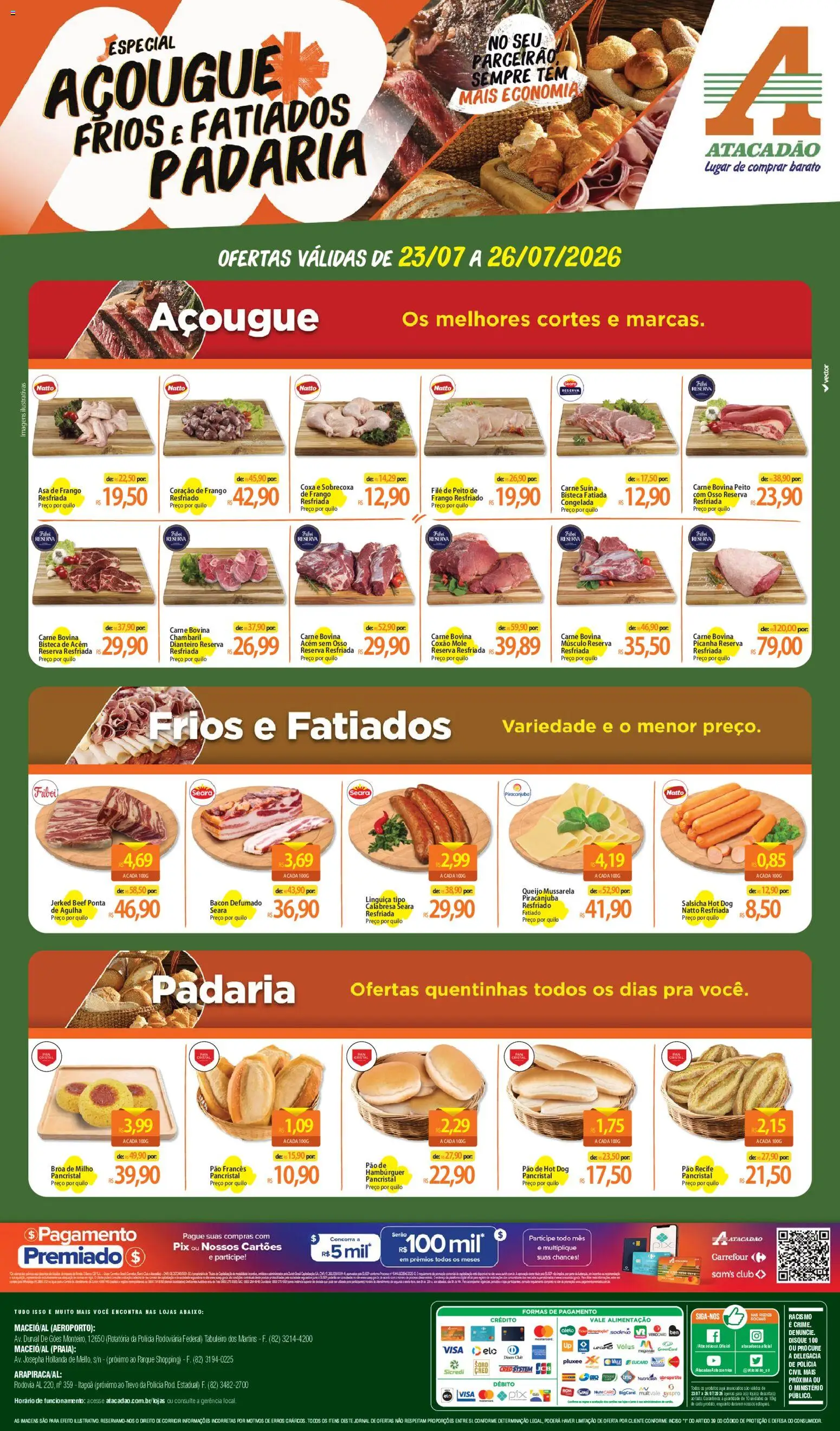 Pré-Visualização do folheto "Atacadão ofertas - AL" da loja Atacadão válido a partir de 23/07/2026 - Hambúrguer, Salsicha, Pão, Frango, Linguiça, Acém, Frango resfriado, Coxão mole