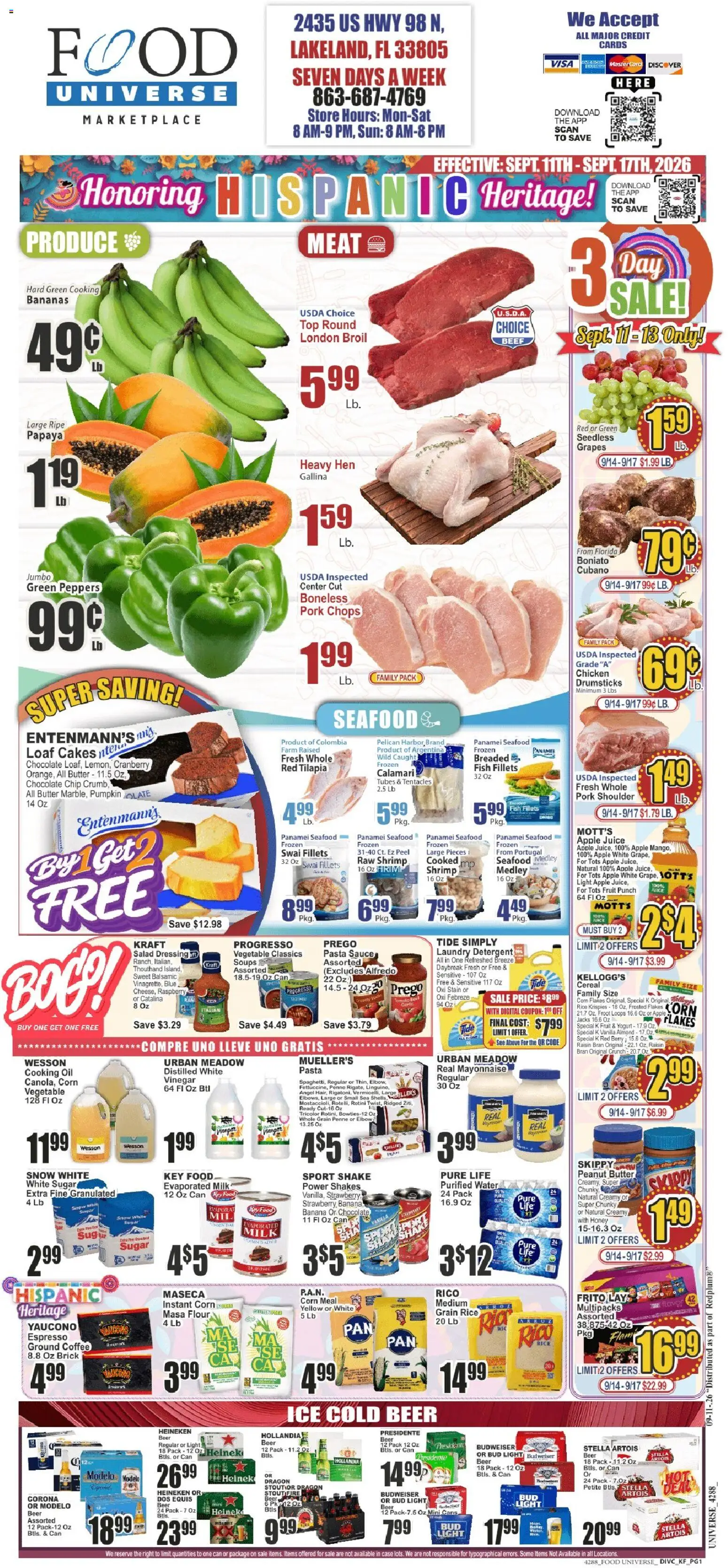 Ad Preview of Food Universe Food Universe Weekly Ad from 09/11/2026 - Yogurt, Corn, Beef, Vanilla, Heineken, Chocolate Chip, Pork shoulder, Chicken drumsticks