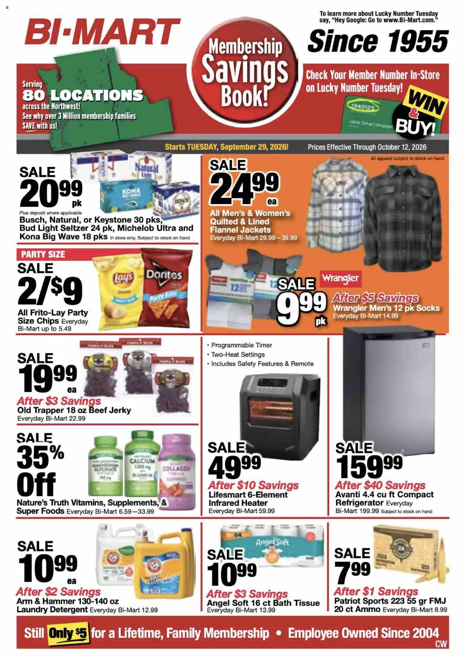 Ad Preview of Bi-Mart Bi-Mart Weekly Ad from 09/29/2026 - Refrigerator, Chips, Socks, Bath, Hammer, Laundry detergent, Detergent, Jerky