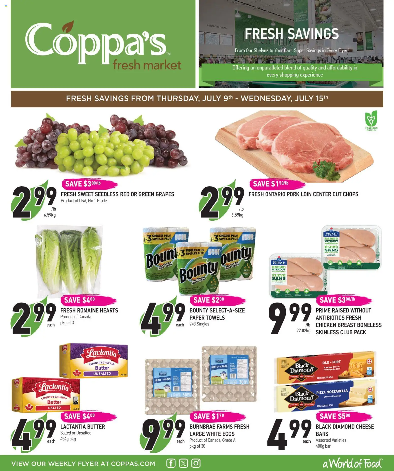 Preview of leaflet Coppas Fresh Market weekly flyer / circulaire from shop Coppas Fresh Market is valid from Jul 09, 2026 - Food, Pizza, Mozzarella, Chicken breast, Grapes, Paper towels, Pork loin, Cheddar