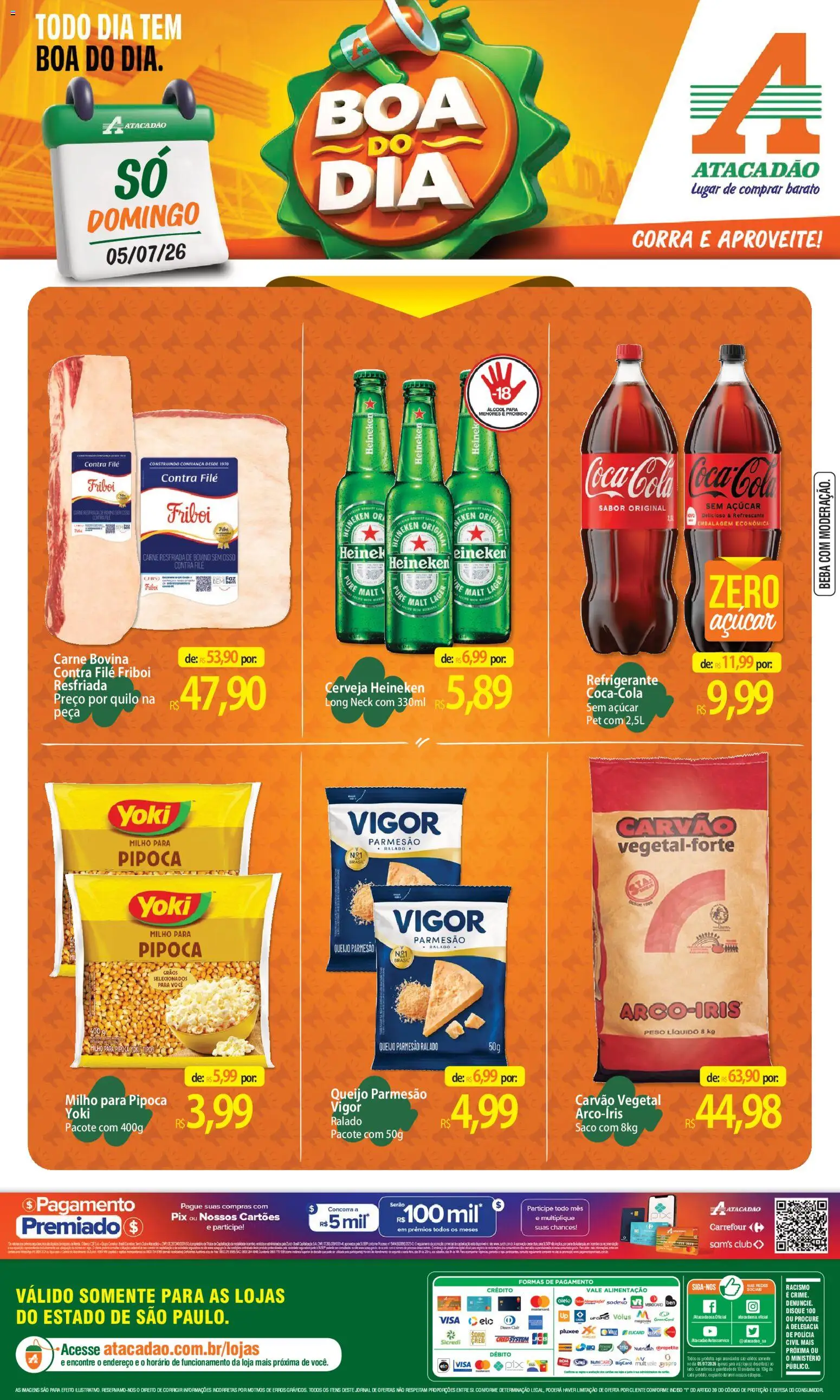 Pré-Visualização do folheto "Atacadão ofertas - SP" da loja Atacadão válido a partir de 05/07/2026 - Cerveja, Queijo, Cerveja Heineken, Carne, Refrigerante, Carvão vegetal, Carne bovina, Parmesão
