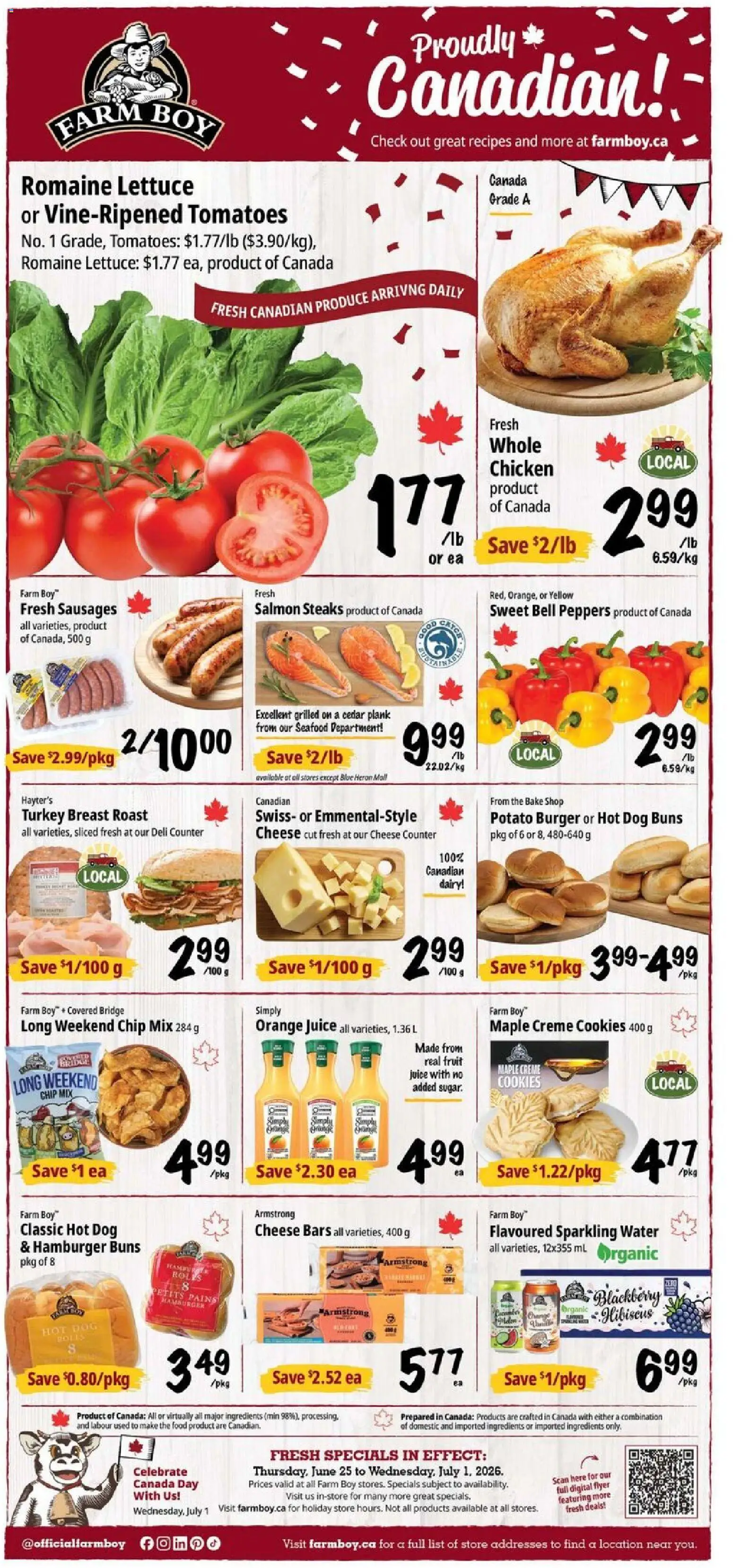 Preview of leaflet Farm Boy weekly flyer / circulaire from shop Farm Boy is valid from Jun 25, 2026 - Turkey, Water, Hamburger, Cheese, Juice, Tomatoes, Sausages, Orange juice