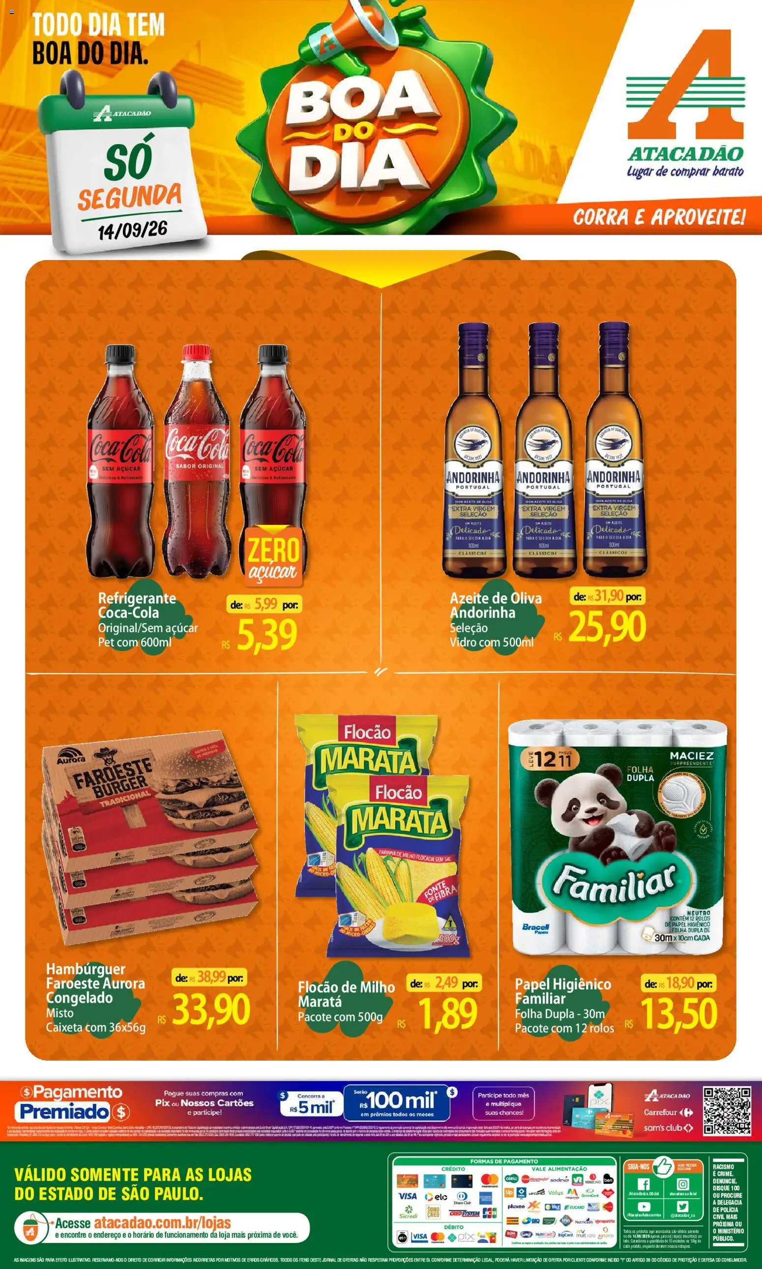 Pré-Visualização do folheto "Atacadão ofertas - SP" da loja Atacadão válido a partir de 14/09/2026 - Hambúrguer, Sal, Azeite, Açúcar, Refrigerante, Azeite de oliva, Cola, Farinha