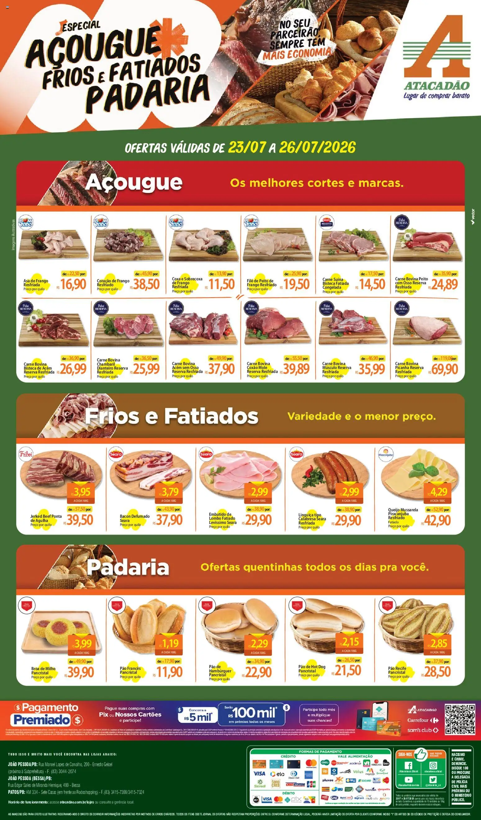 Pré-Visualização do folheto "Atacadão ofertas - PB" da loja Atacadão válido a partir de 23/07/2026 - Hambúrguer, Milho, Bacon, Linguiça, Pão francês, Carne bovina, Lombo, Asa de frango