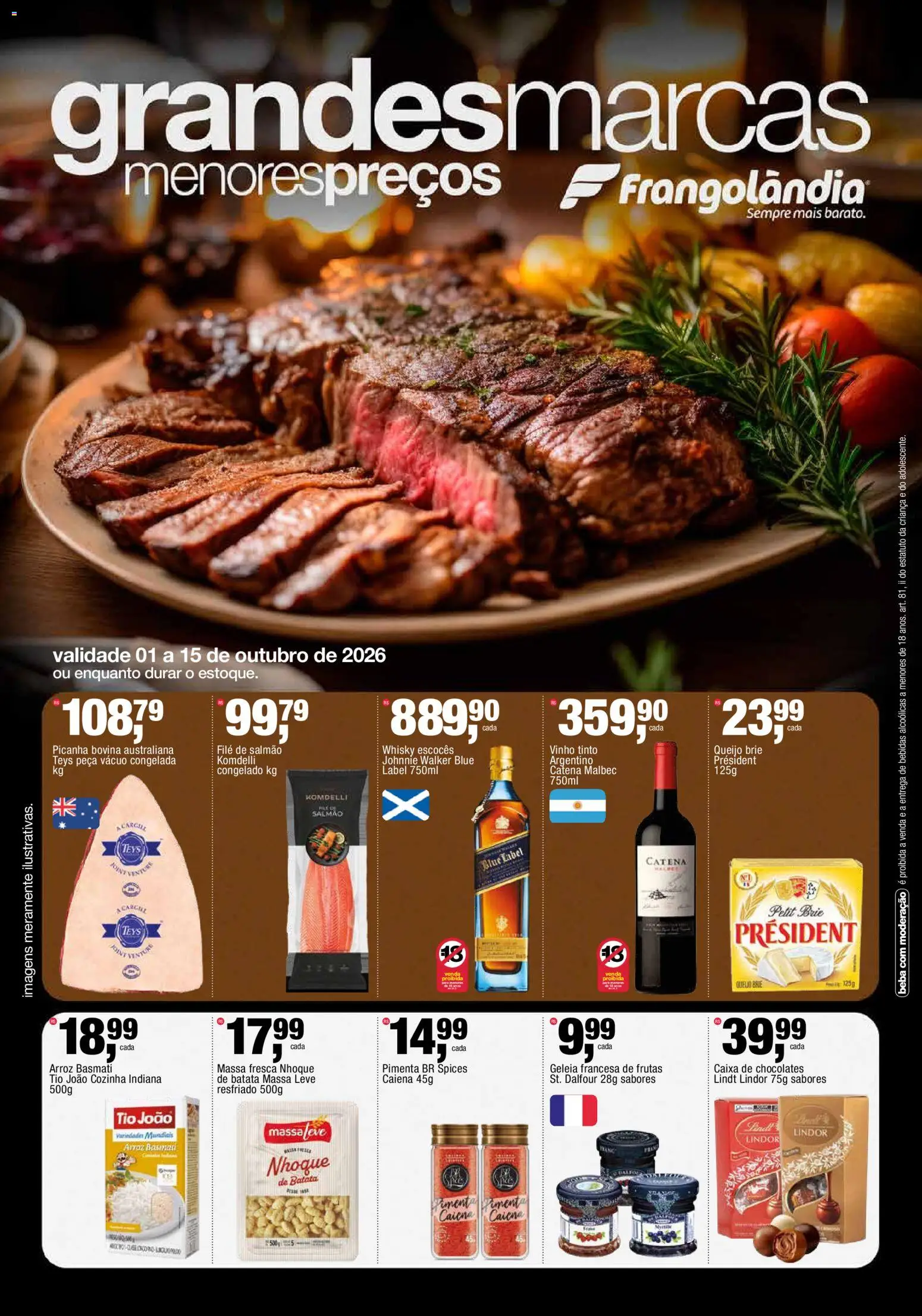 Pré-Visualização do folheto "Frangolândia ofertas Grandes Marcas" da loja Frangolândia válido a partir de 01/10/2026 - Whisky, Vinho, Picanha, Bebidas, Nhoque, Batata, Pimenta, Arroz basmati