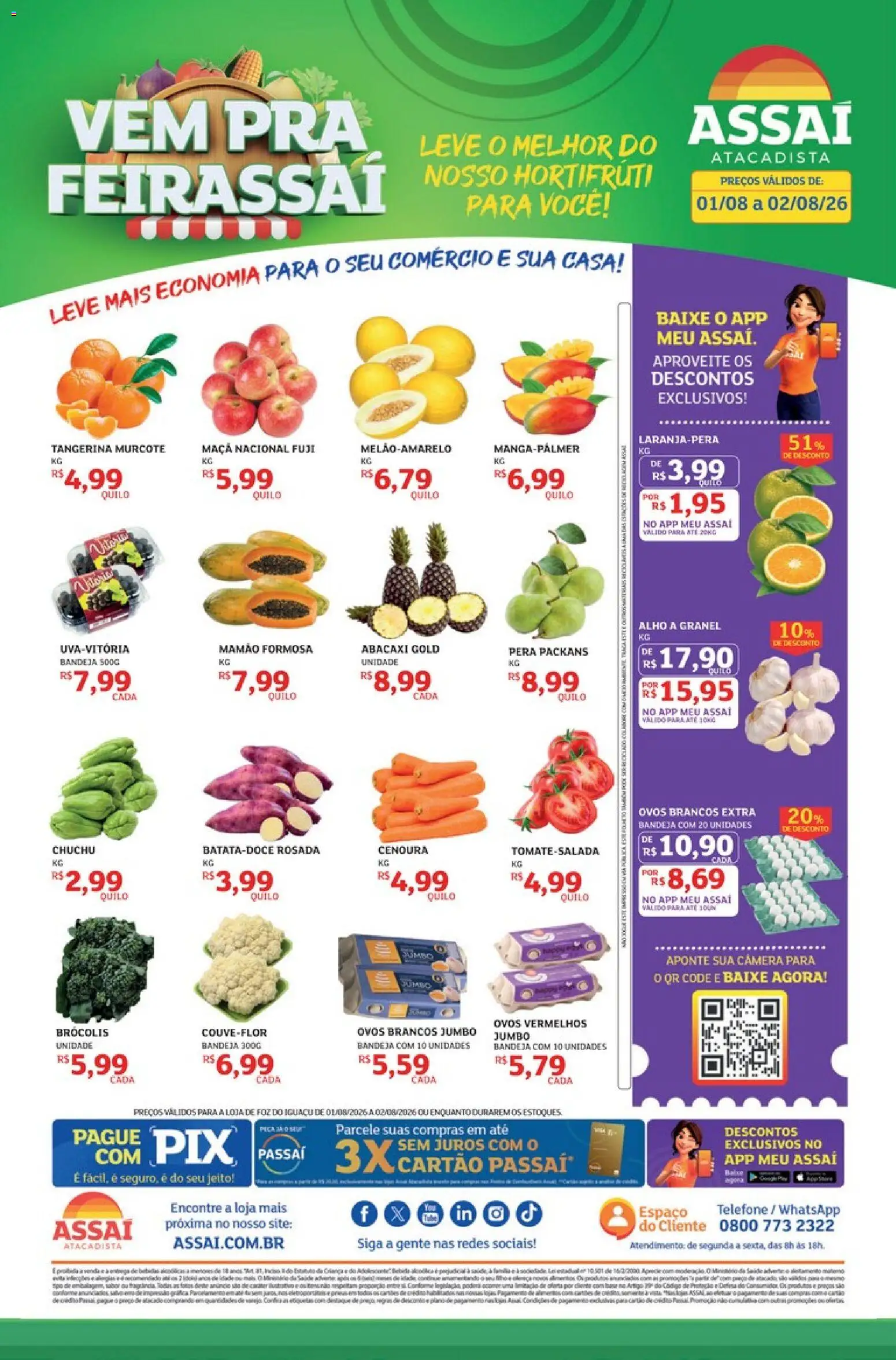 Pré-Visualização do folheto "Assaí Atacadista ofertas - PR" da loja Assaí Atacadista válido a partir de 01/08/2026 - Câmera, Ovos, Brócolis, Chuchu, Pera, Cenoura, Bandeja, Alho