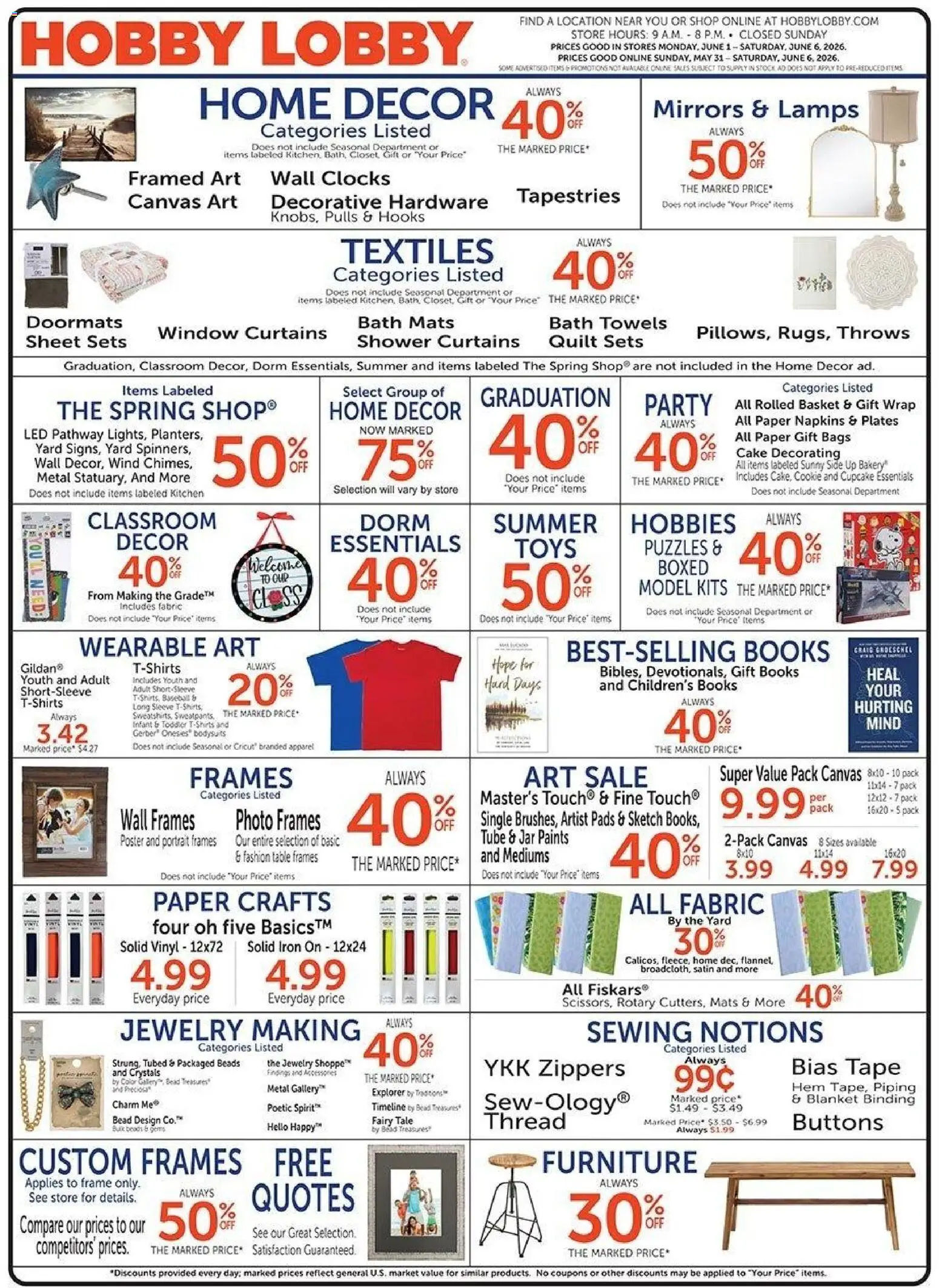 Ad Preview of Hobby Lobby Hobby Lobby Weekly Ad from 05/31/2026 - Canvas, Cupcake, Blanket, Quilt, Iron, Bath, Basket, Model Kits