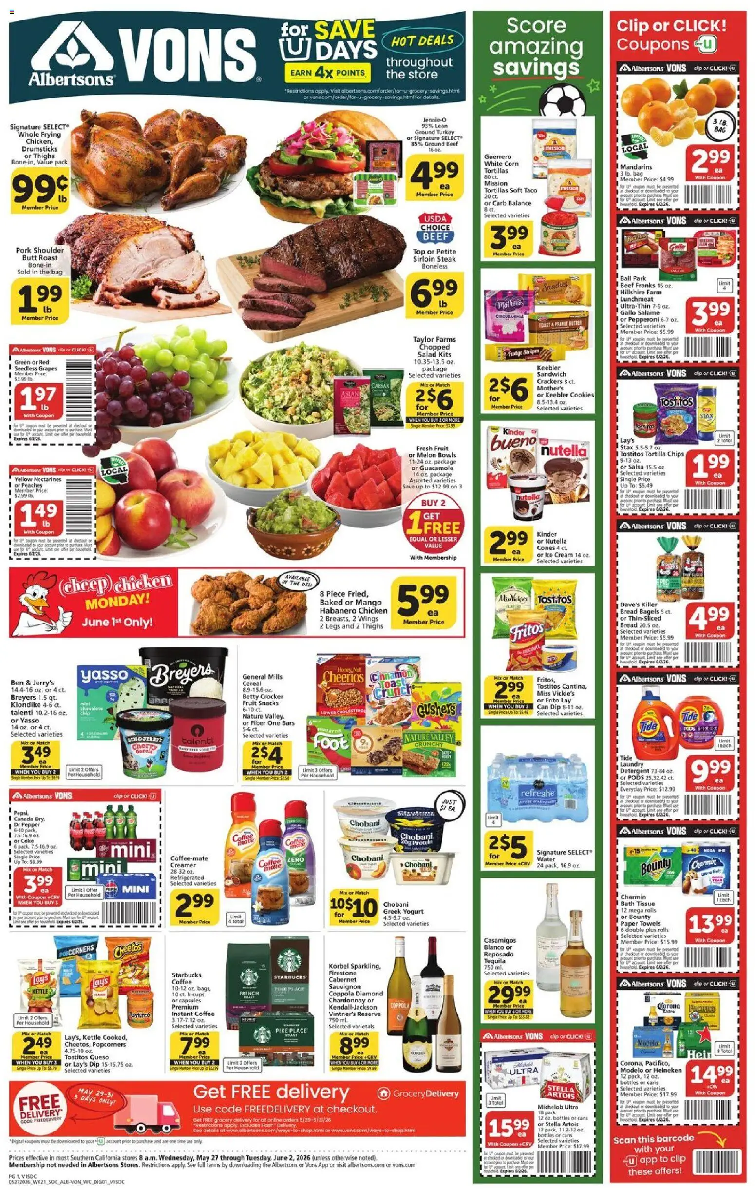 Ad Preview of Vons Vons Weekly Ad from 05/27/2026 - Ice cream, Ice, Protein, Cereal, Tortillas, Pork, Ground turkey, Chicken