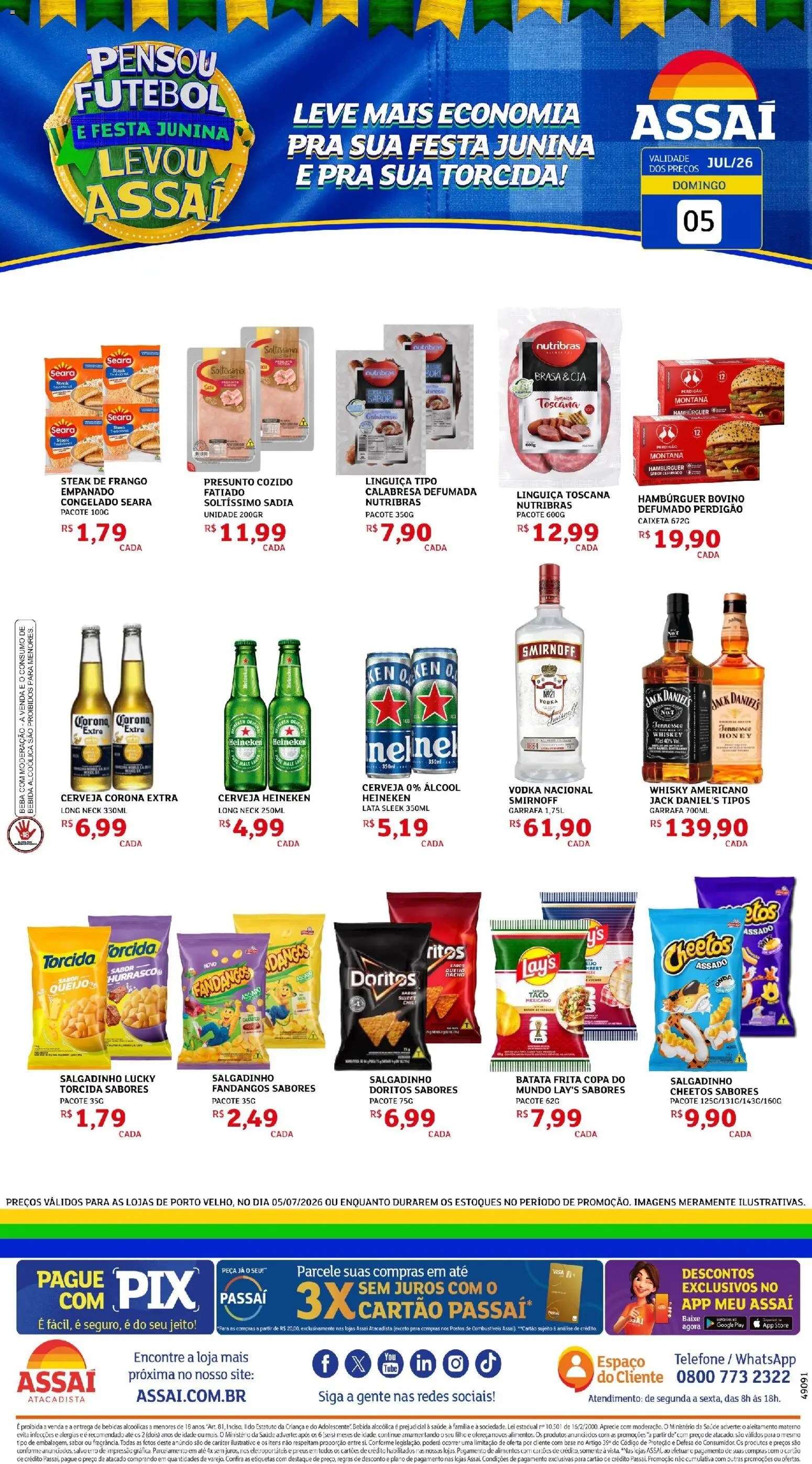 Pré-Visualização do folheto "Assaí Atacadista ofertas - RO" da loja Assaí Atacadista válido a partir de 05/07/2026 - Hambúrguer, Telefone, Cerveja, Álcool, Queijo, Cheetos, Batata, Frango