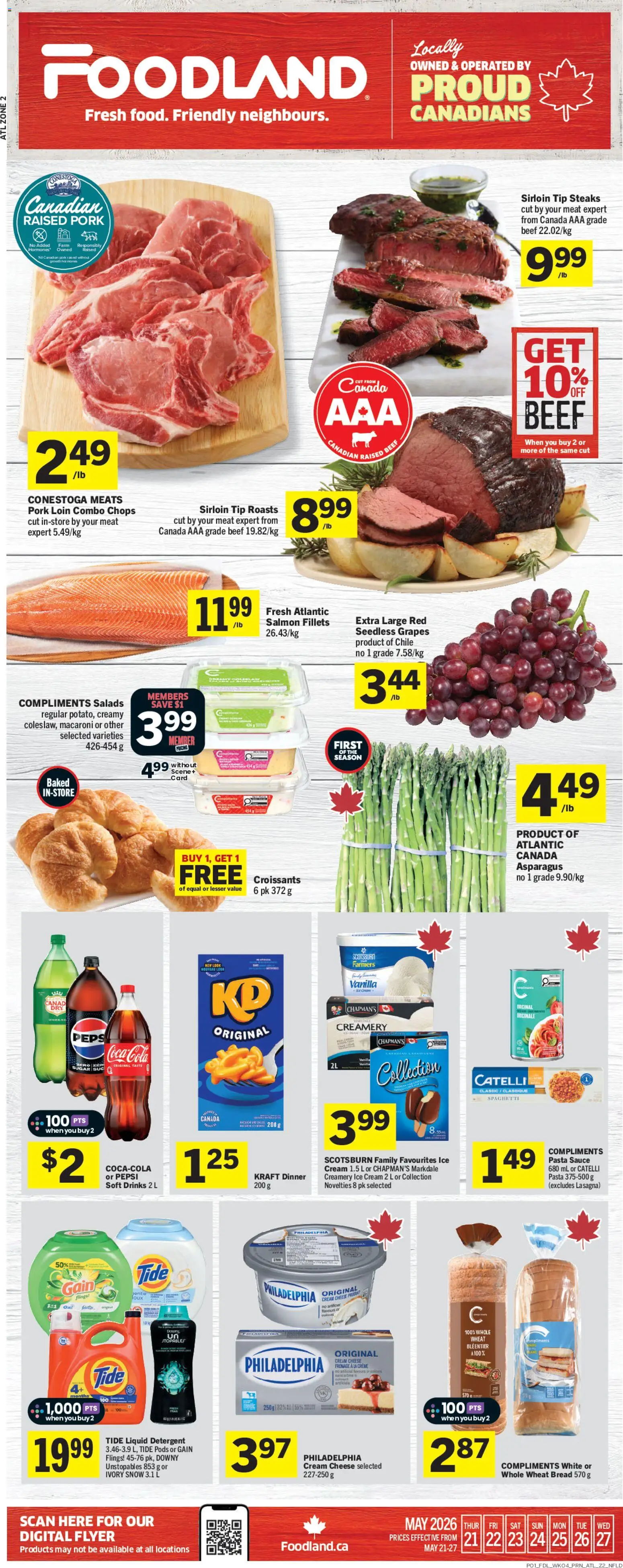 Preview of leaflet Foodland weekly flyer / circulaire from shop Foodland is valid from May 21, 2026 - Cheese, Salmon, Spaghetti, Meat, Cream, Grapes, Detergent, Seedless grapes