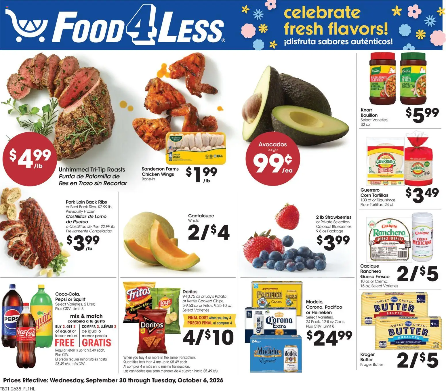 Ad Preview of Food 4 Less Food 4 Less Weekly Ad from 09/30/2026 - Strawberries, Cheese, Butter, Pork, Cream, Flour, Pork loin, Bouillon