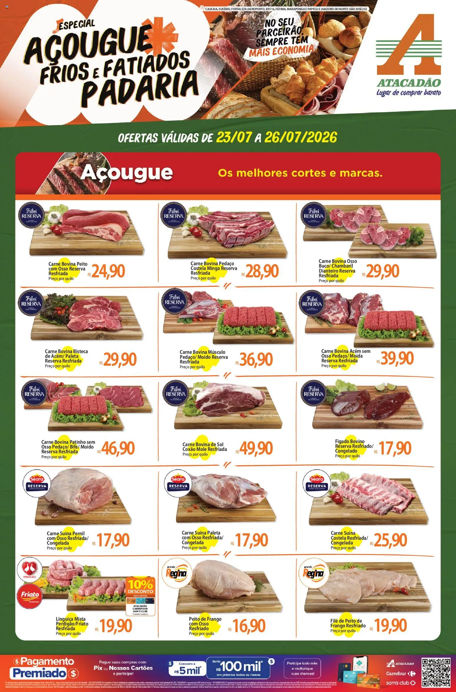 Pré-Visualização do folheto "Atacadão ofertas - CE" da loja Atacadão válido a partir de 23/07/2026 - Fígado, Linguiça, Pernil, Carne bovina, Acém, Friato, Frango resfriado, Coxão mole