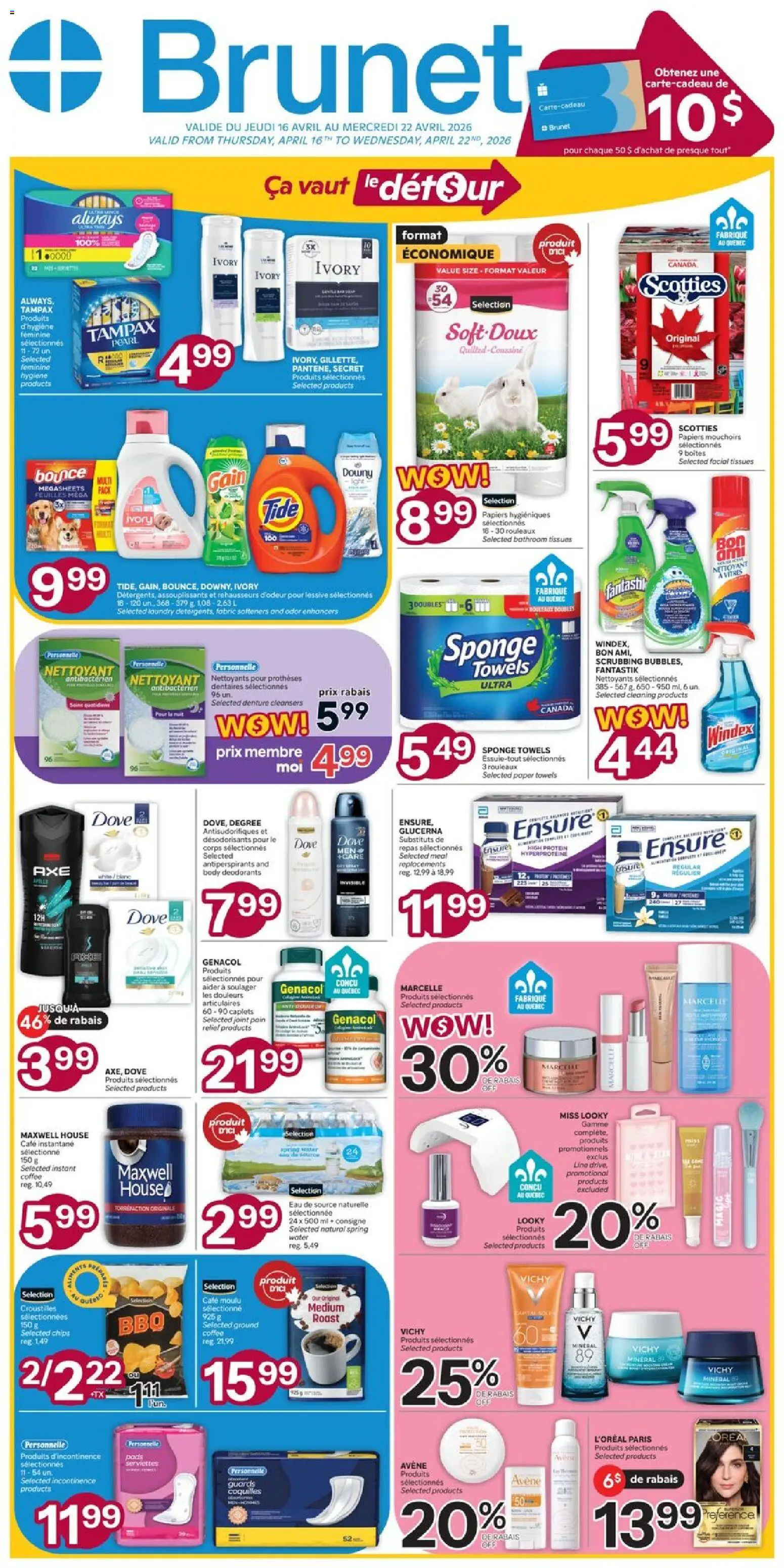 Preview of leaflet Brunet weekly flyer / circulaire from shop Brunet is valid from Apr 16, 2026 - Coffee, Water, Chips, Roast, Paper towels, Towels, Sponge, Tissues