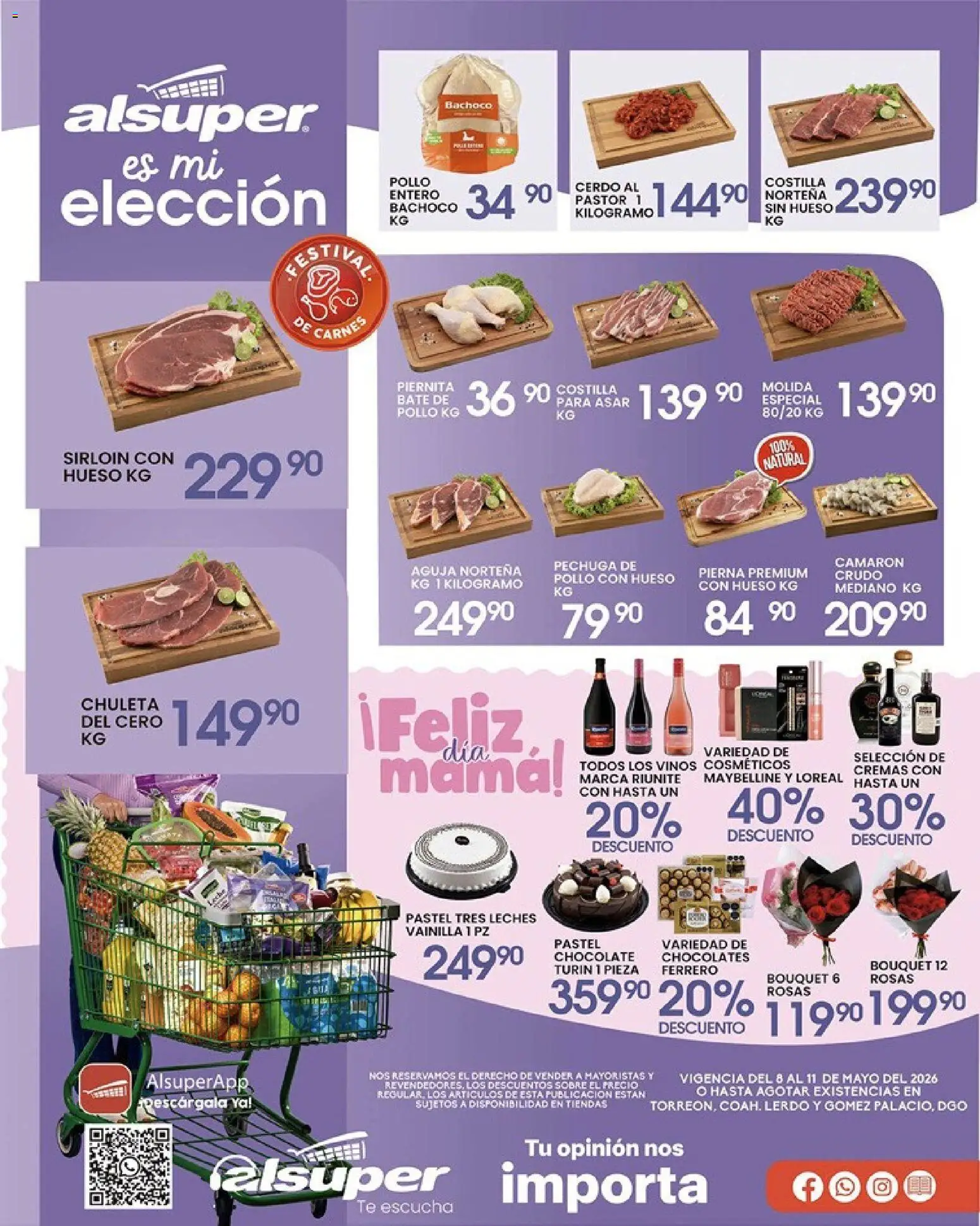 Vista previa las ofertas de la tienda Alsuper - Alsuper folleto Torreon desde el 08/05/2026 - Chocolate, Pollo, Té, Pastel, Vainilla, Cerdo, Sobre, Chuleta