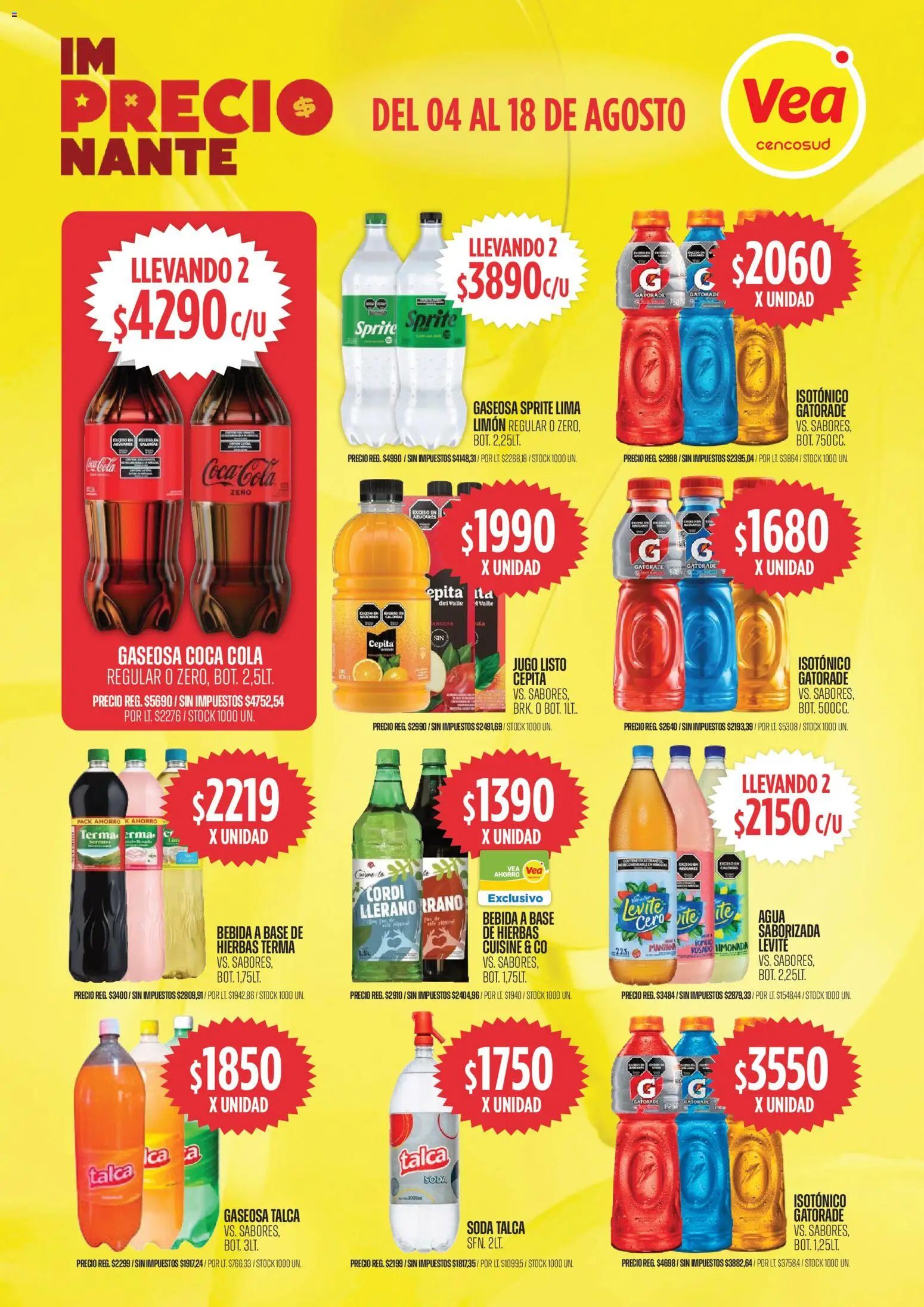 Vista previa del folleto de la tienda Vea válido desde el 04/08/2026 - Agua, Lima, Sprite, Hierbas, Gaseosa, Jugo, Soda, Limonada