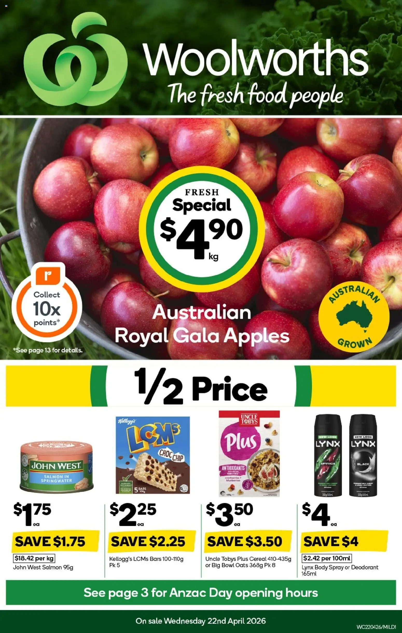 Preview of catalogue Woolworths catalogue MIL from shop Woolworths valid 22/04/2026 - Food, Apples, Deodorant, Oats, Cereal, Salmon, Blueberries