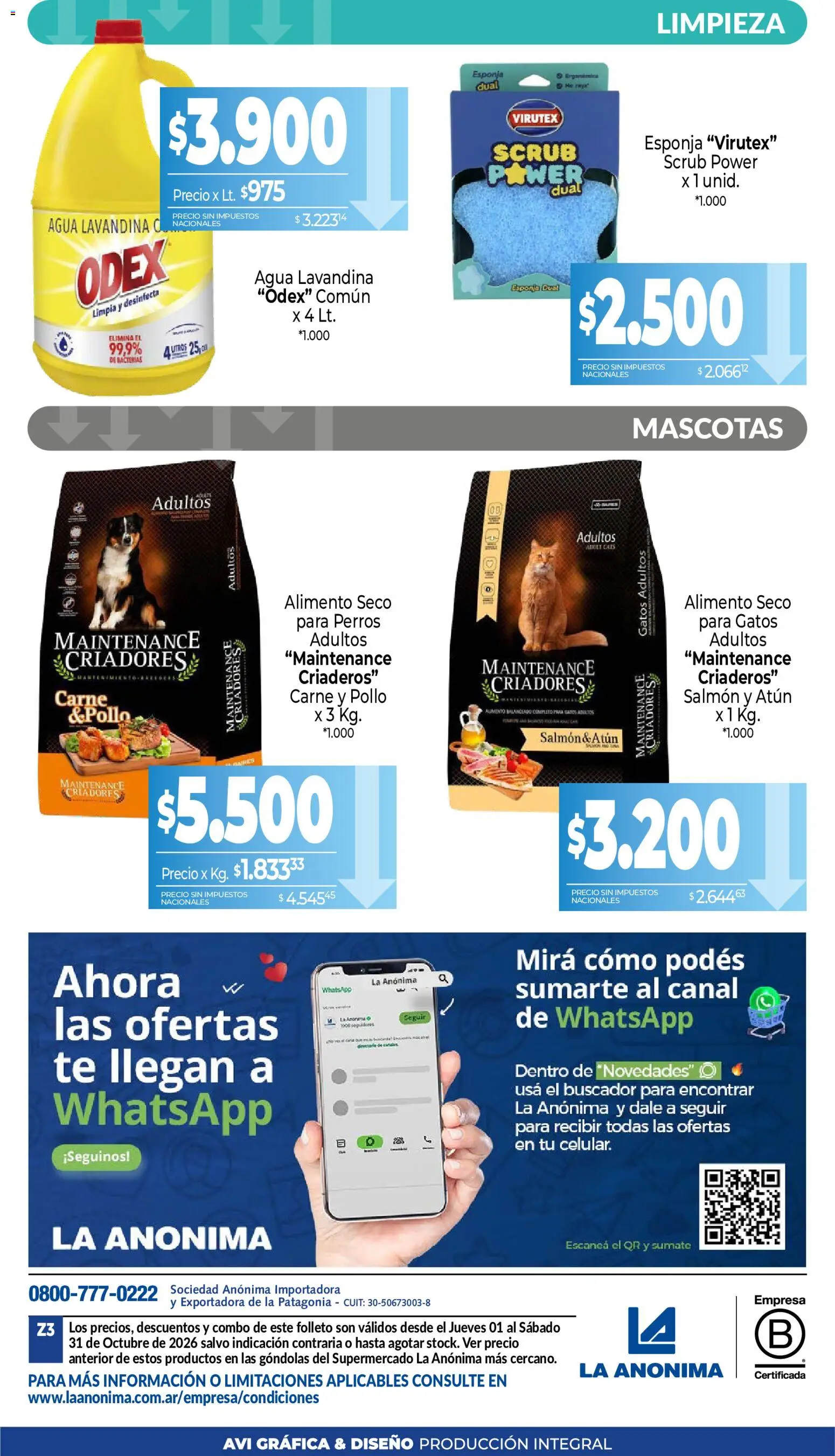 Vista previa del folleto de la tienda La Anonima válido desde el 01/10/2026 - Té, Agua, Pollo, Carne, Atún, Lavandina, Esponja, Salmón