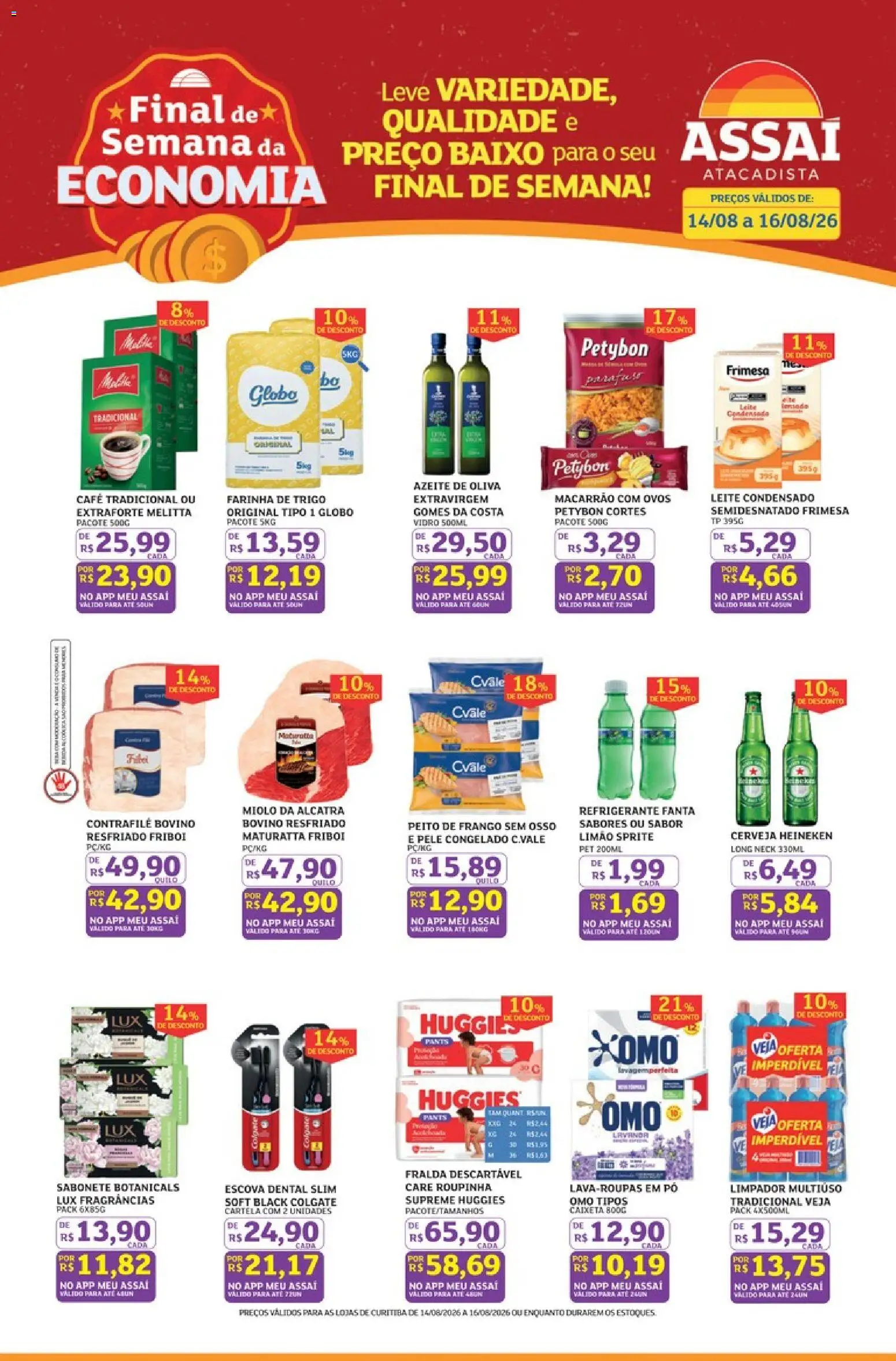 Pré-Visualização do folheto "Assaí Atacadista ofertas - PR" da loja Assaí Atacadista válido a partir de 14/08/2026 - Café, Macarrão, Sabonete, Azeite de oliva, Peito de frango, Farinha de trigo, Alcatra, Farinha
