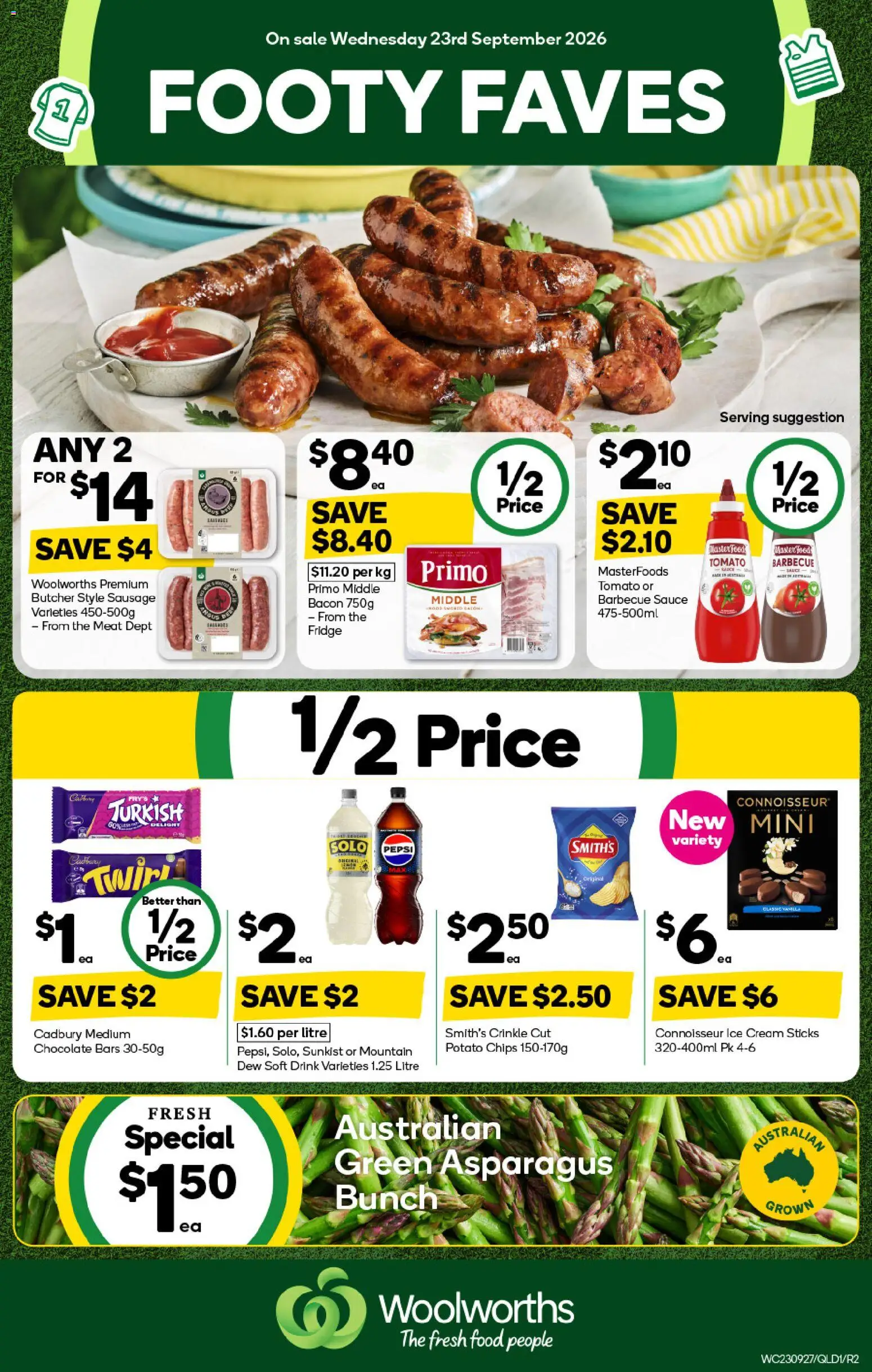 Preview of catalogue Woolworths catalogue QLD from shop Woolworths valid 23/09/2026 - Bacon, Chips, Cream, Ice cream, Tomato, Ice, Asparagus, Fridge