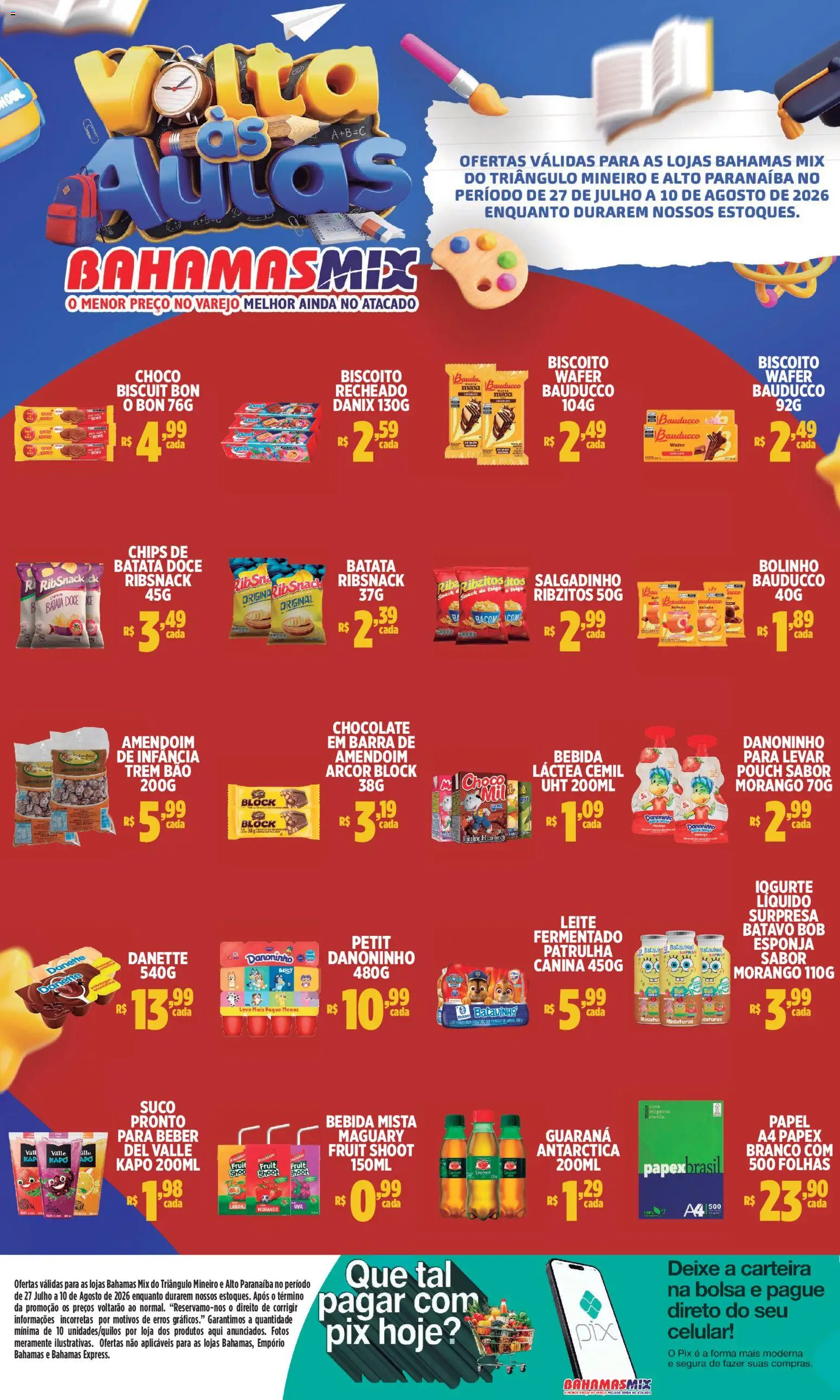 Pré-Visualização do folheto "Bahamas Mix ofertas Volta às Aulas" da loja Bahamas Mix válido a partir de 27/07/2026 - Amendoim, Biscoito, Leite, Batata, Suco, Guaraná, Esponja, Chips de batata