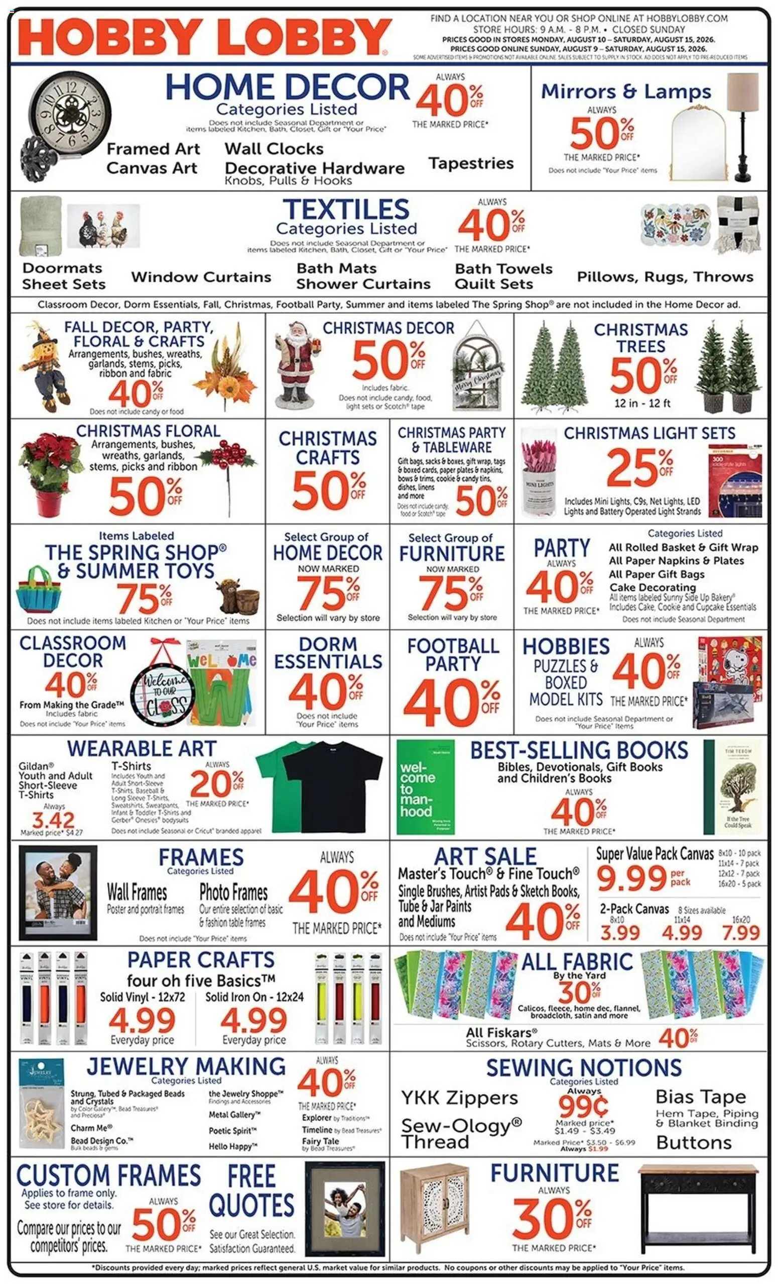 Ad Preview of Hobby Lobby Hobby Lobby Weekly Ad from 08/09/2026 - Bakery, Cake, Battery, Blanket, Iron, Paper plates, Model Kits, Table