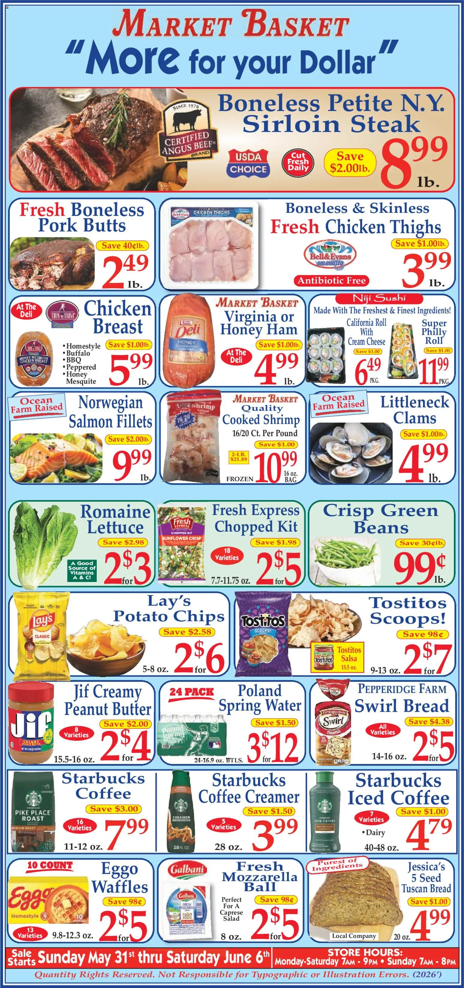 Ad Preview of Market Basket Market Basket Ad from 05/31/2026 - Sushi, Steak, Chips, Cheese, Butter, Chicken thighs, Mozzarella, Spring water