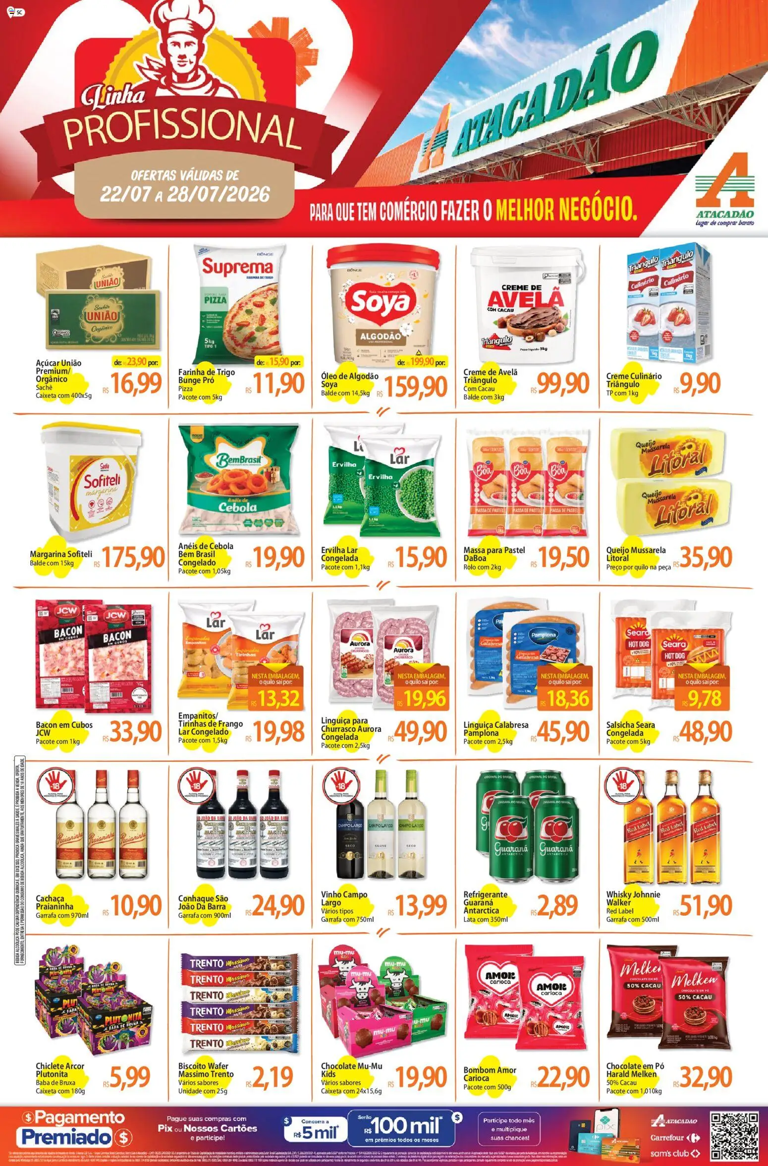 Pré-Visualização do folheto "Atacadão ofertas - SC" da loja Atacadão válido a partir de 22/07/2026 - Pizza, Bebida, Massa, Açúcar, Cachaça, Chiclete, Farinha, Margarina