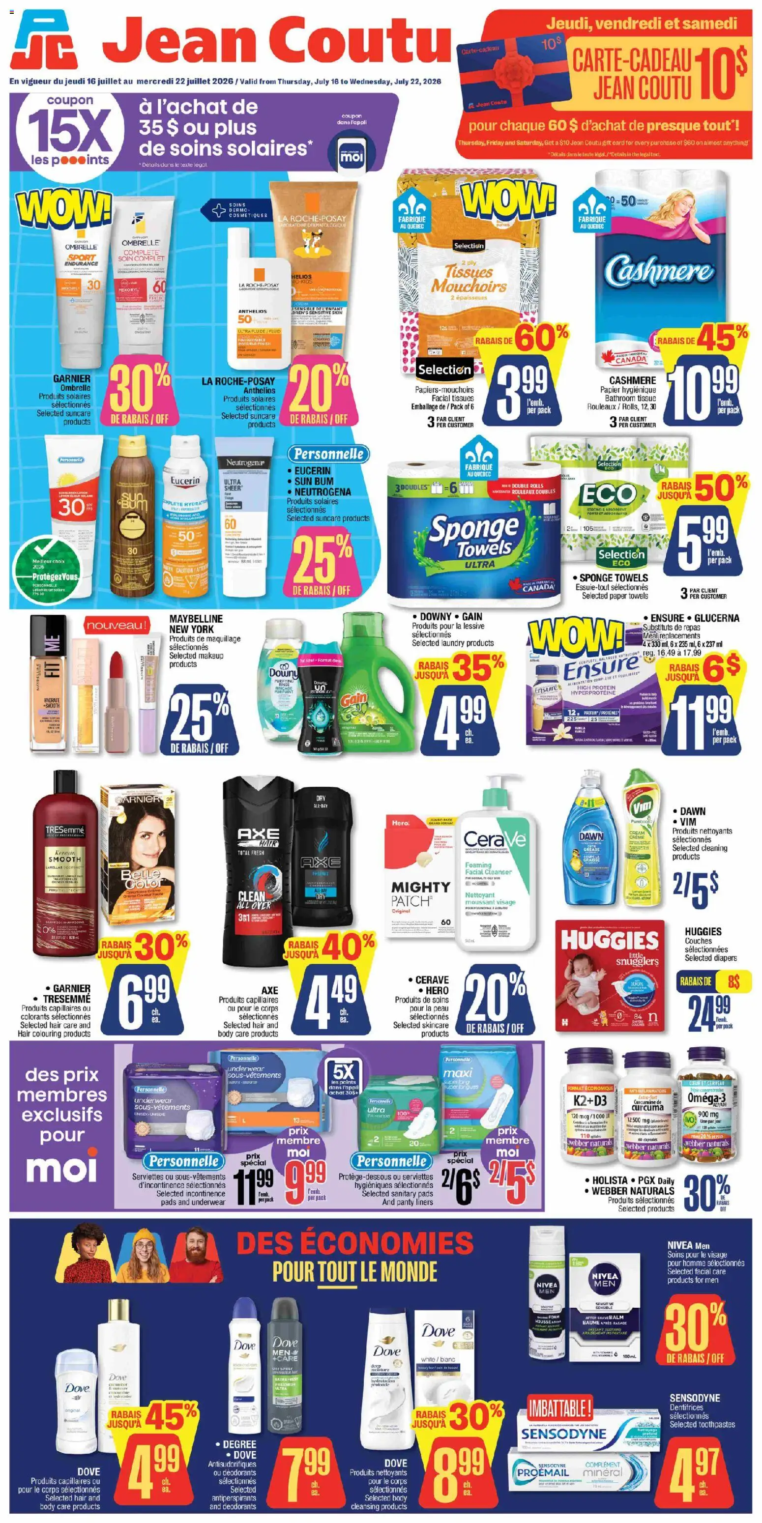 Preview of leaflet Jean Coutu circulaire from shop Jean Coutu is valid from Jul 16, 2026 - Protein, Diapers, Cream, Paper towels, Towels, Sponge, Tissues, Panty liners