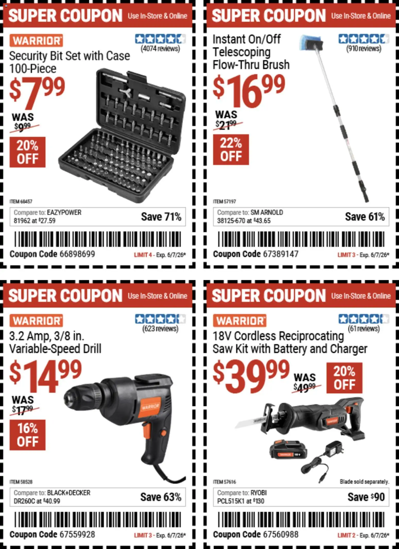 Ad Preview of Harbor Freight Harbor Freight Weekly Ad from 05/26/2026 - Charger, Saw, Battery, Ryobi, Case, Brush