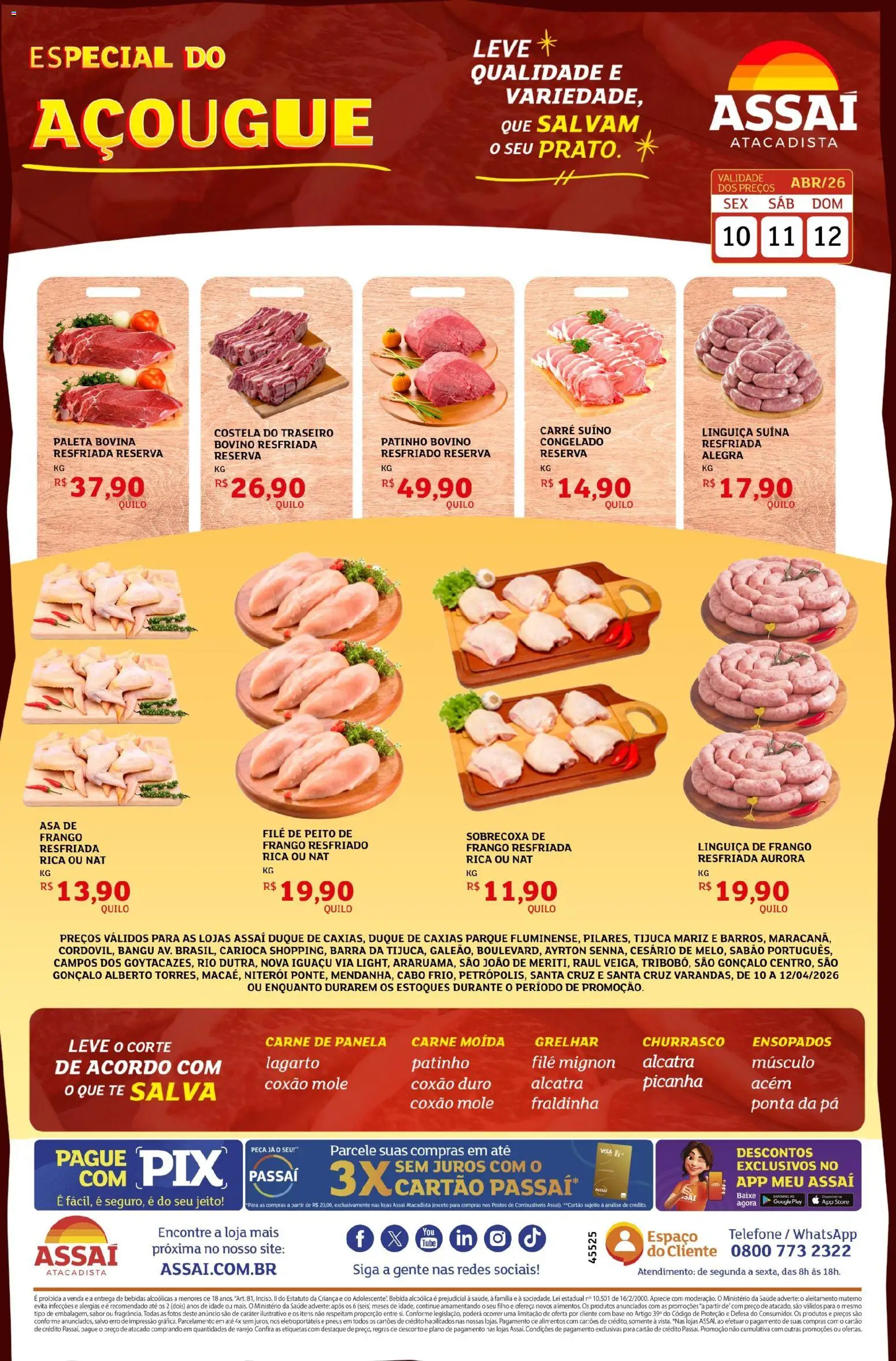 Pré-Visualização do folheto "Assaí Atacadista ofertas - RJ" da loja Assaí Atacadista válido a partir de 10/04/2026 - Telefone, Pneus, Frango, Carne moída, Linguiça, Coxão duro, Asa de frango, Coxão mole