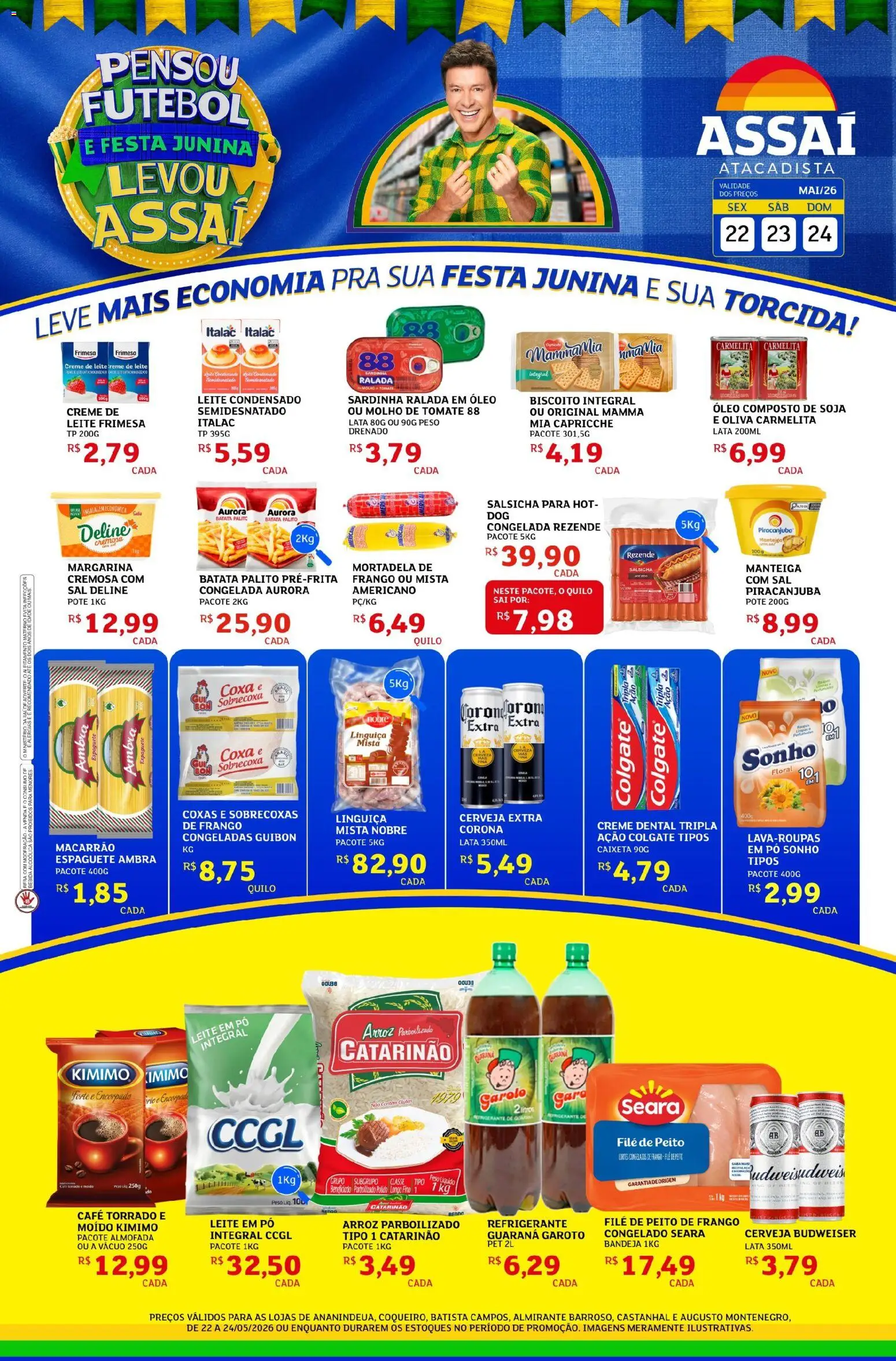 Pré-Visualização do folheto "Assaí Atacadista ofertas - PA" da loja Assaí Atacadista válido a partir de 22/05/2026 - Óleo, Batata, Creme de leite, Almofada, Mortadela, Molho de tomate, Linguiça, Espaguete